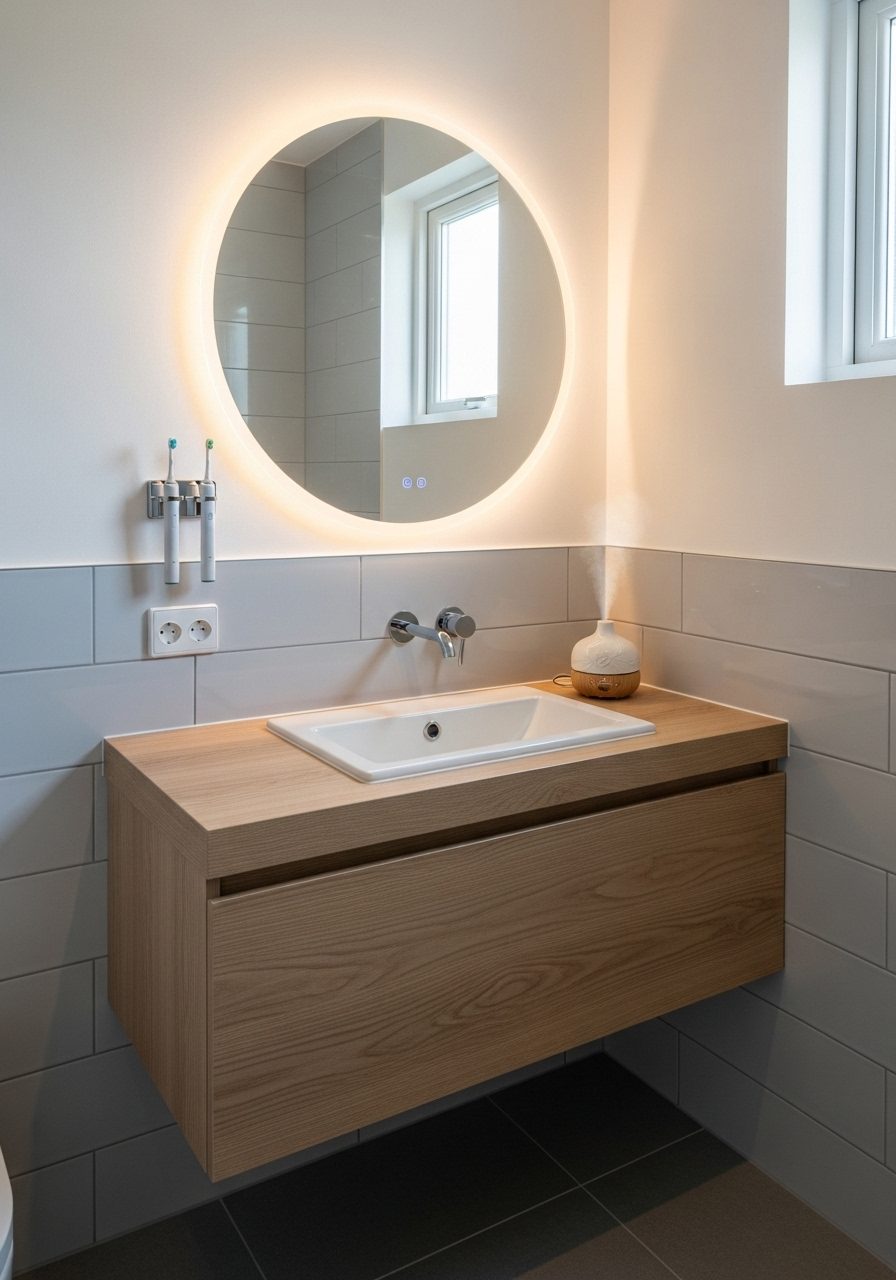 Decorated small bathroom vanity with floating design and backlit mirror