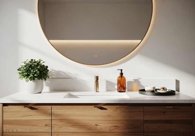 Modern bathroom vanity with quartz top, gold mirror, tray decor, and natural accents