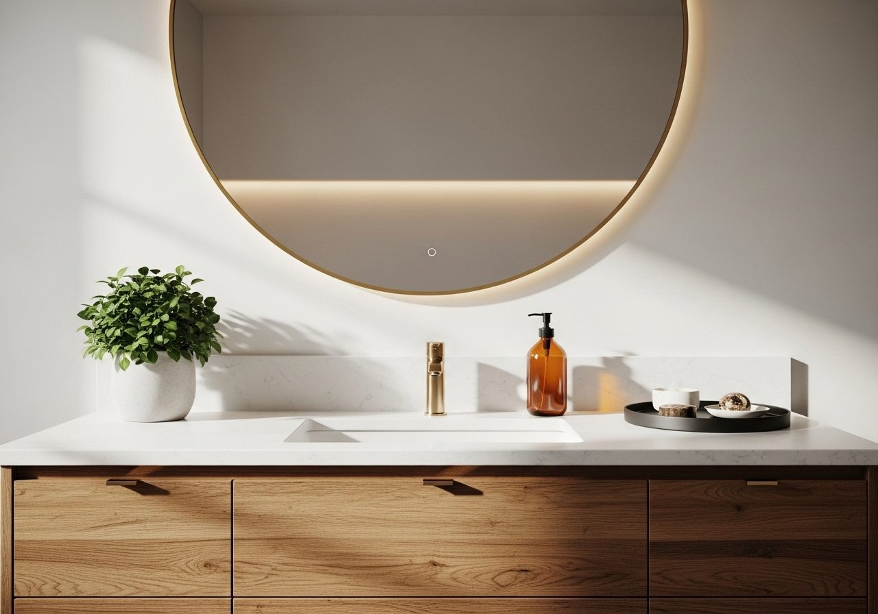 Modern bathroom vanity with quartz top, gold mirror, tray decor, and natural accents