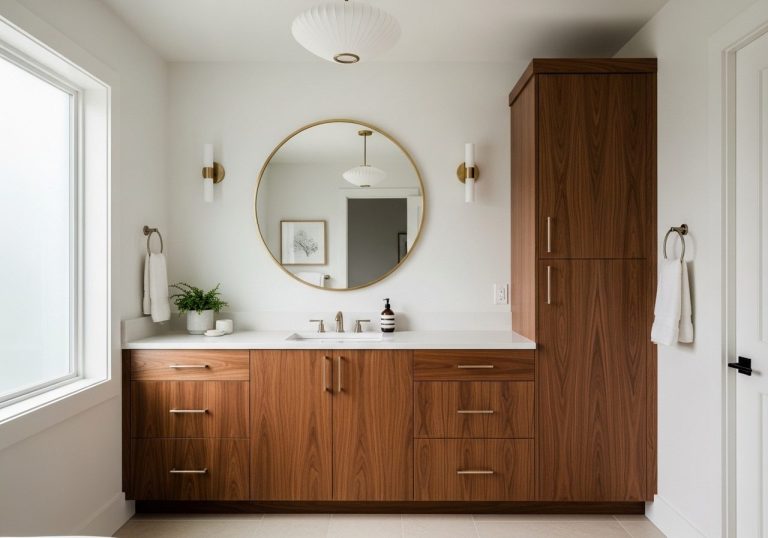 Modern bathroom with walnut brown cabinets, soft white walls, and beige tile flooring