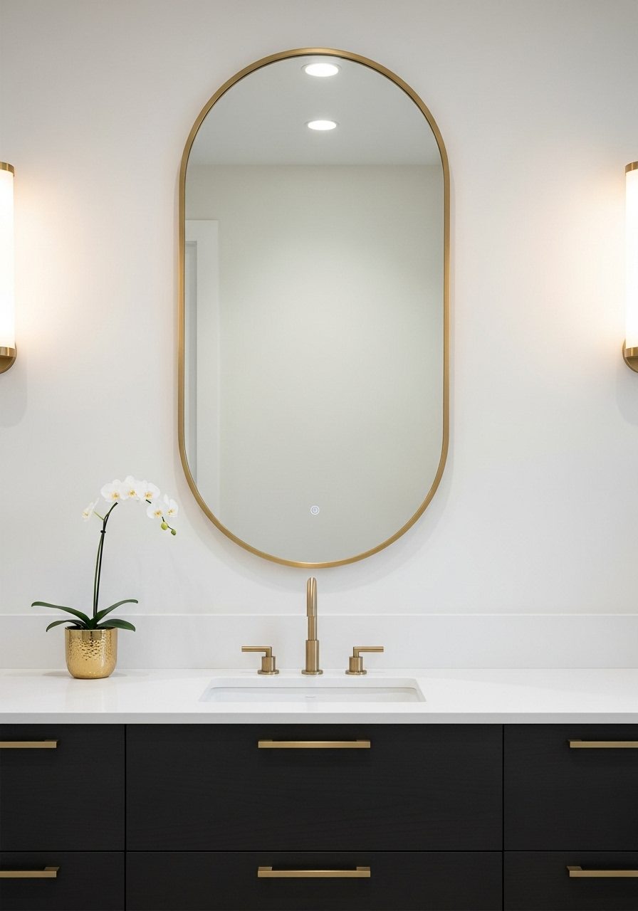 Oval mirror and matching hardware on a modern bathroom vanity