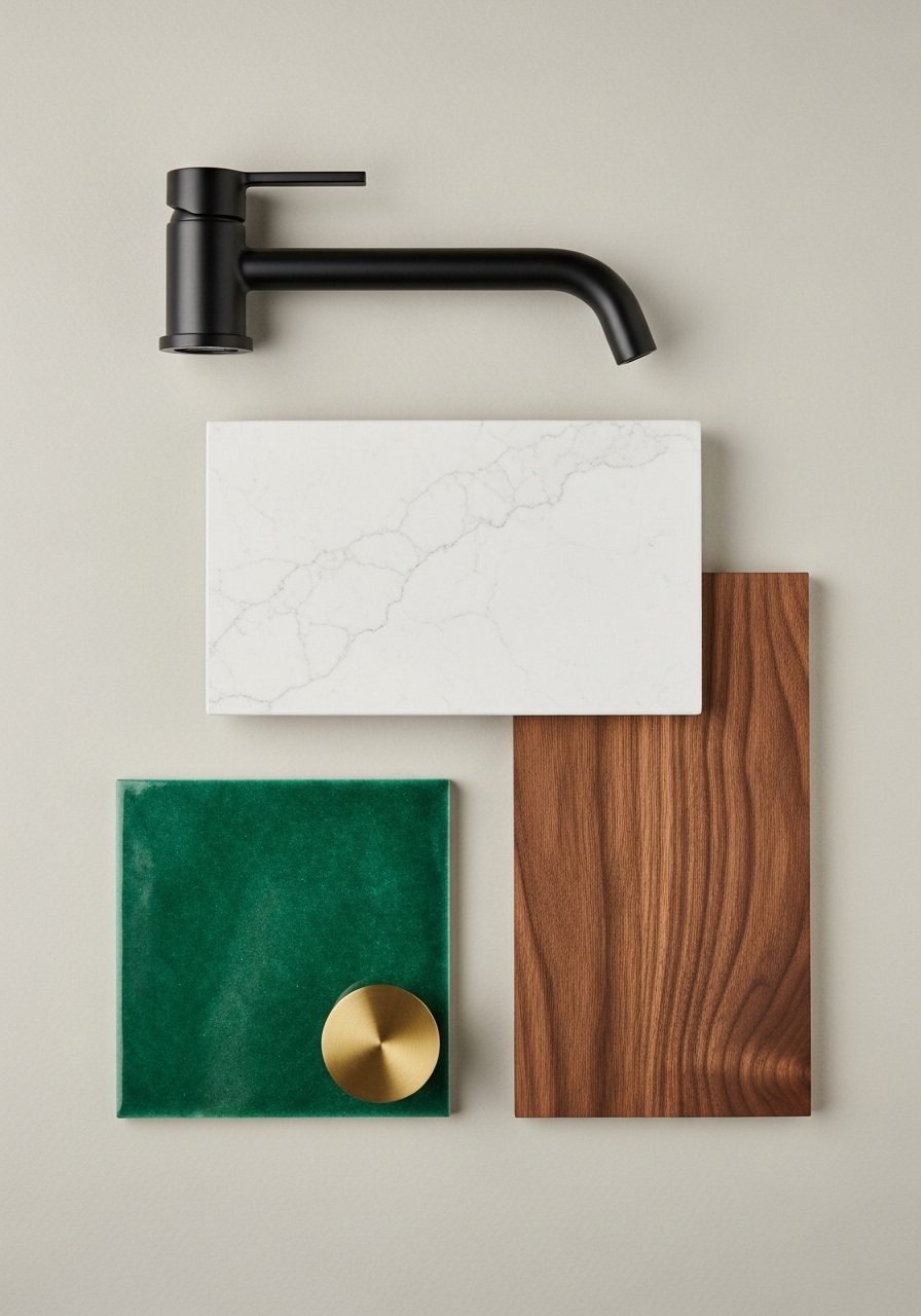 Samples of bathroom vanity materials including quartz, wood, and brass finishes