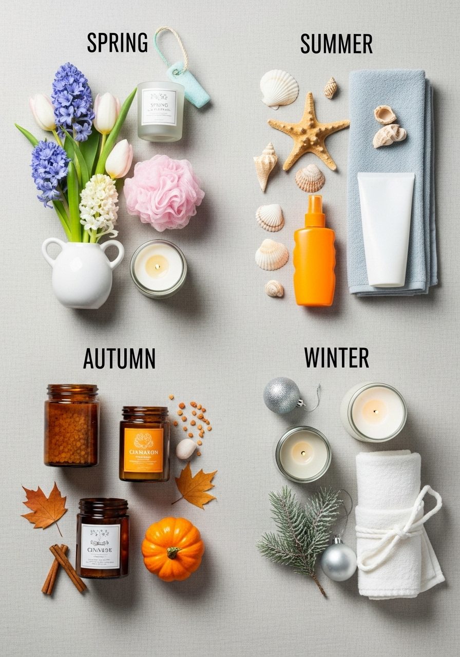 Seasonal bathroom vanity decor ideas including flowers, candles, and textures