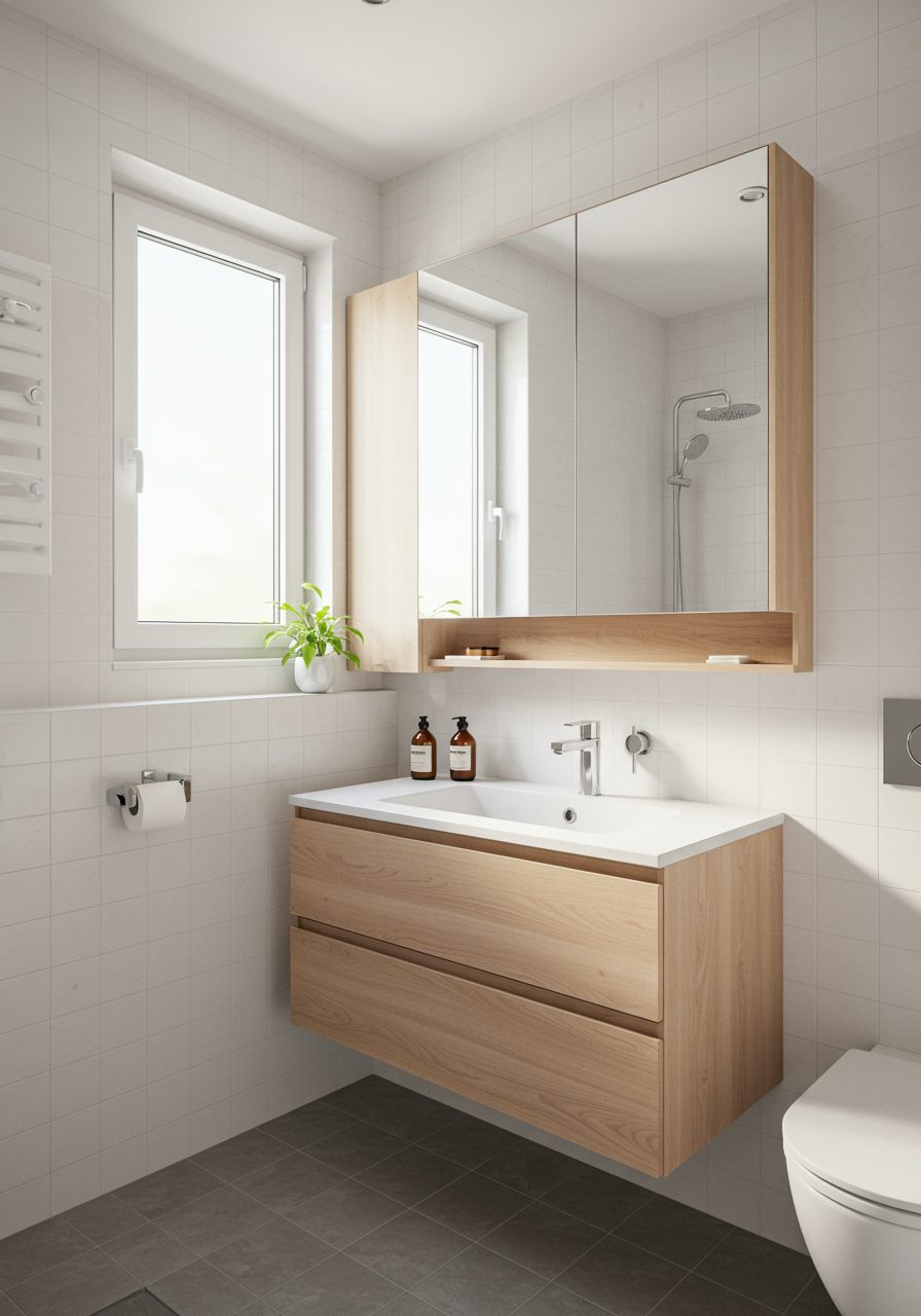 Small bathroom with floating brown vanity and full-wall mirror to enlarge space