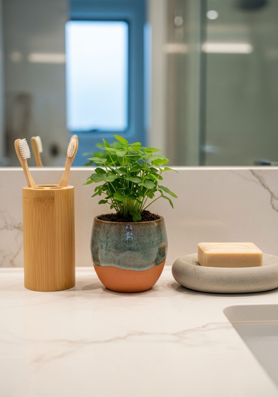 Small plant and natural accessories decorating a bathroom vanity