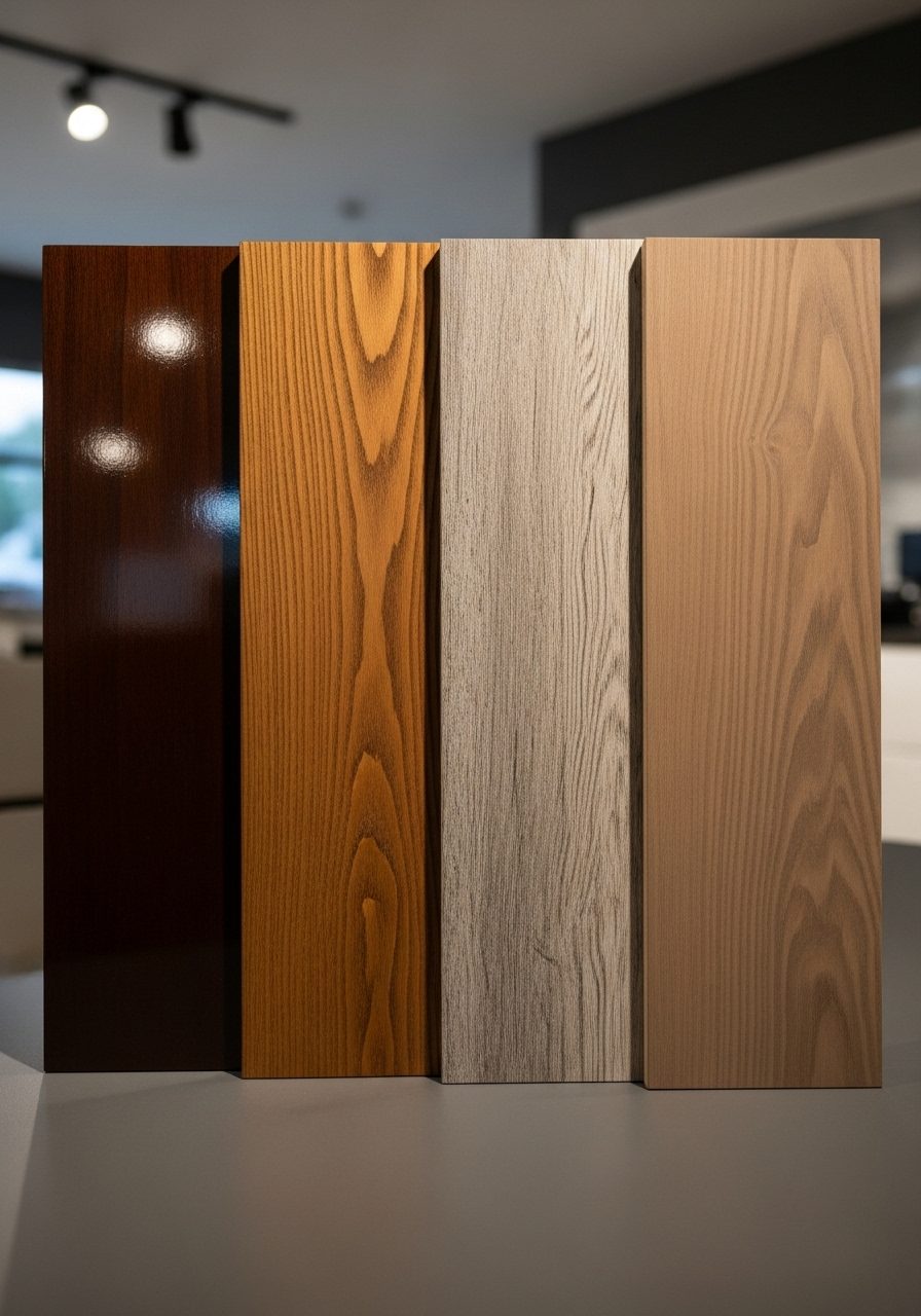 Various brown bathroom cabinet finishes including walnut, espresso, and oak stains
