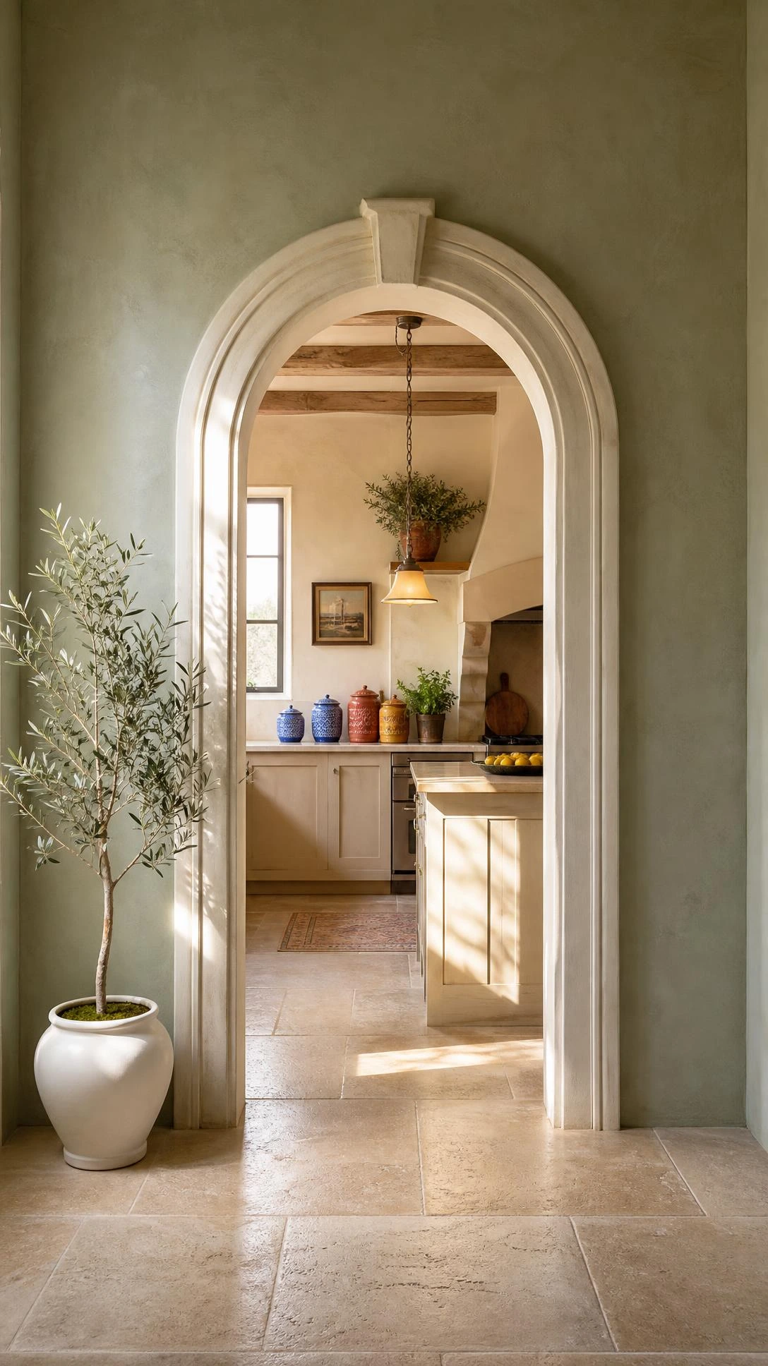 Creamy white arched kitchen entrance with curved plaster molding against sage green walls, framing a bright inviting kitchen beyond