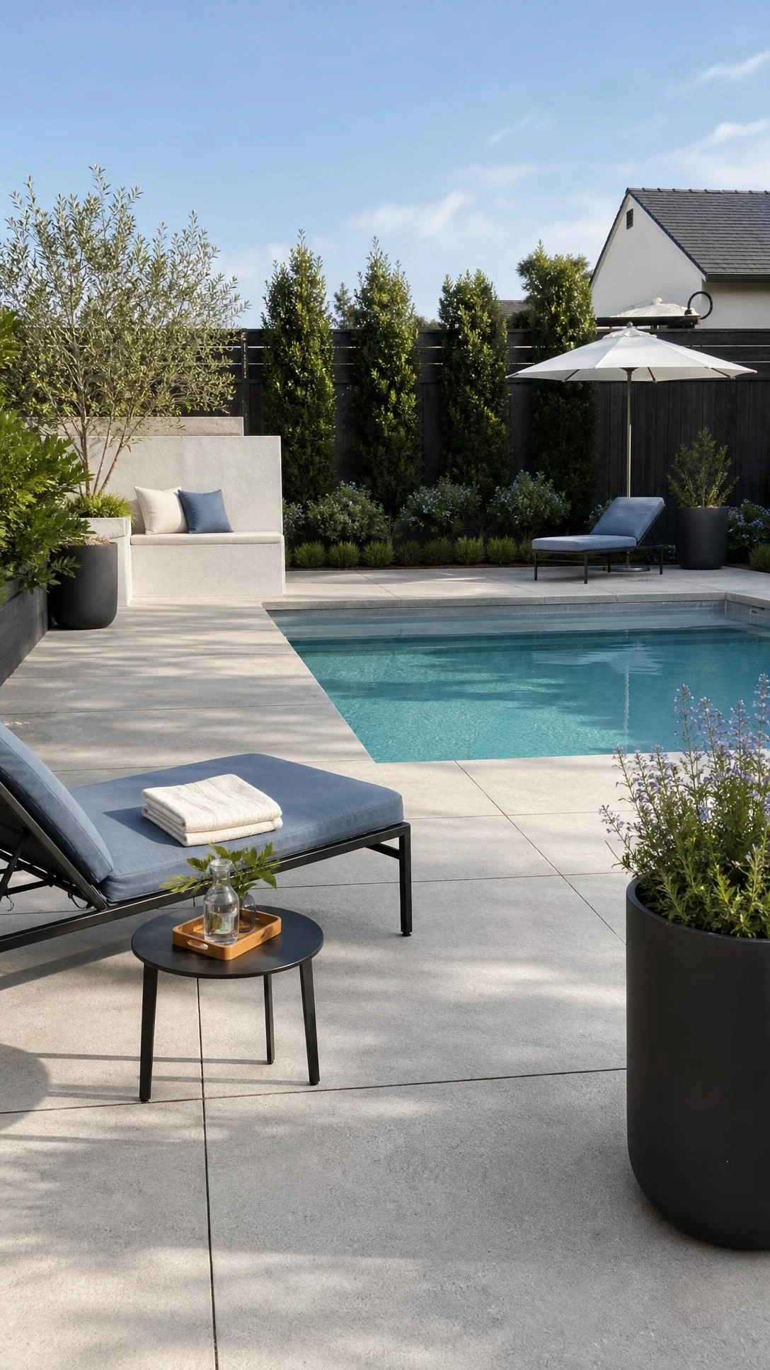 Modern backyard patio designs with pool emphasize open breathing room, with wide concrete pavers, slim black loungers, and clear paths around pale aqua water.