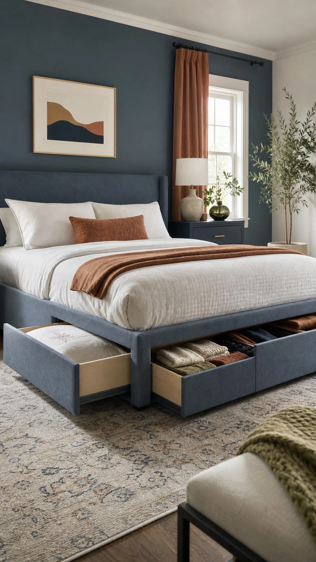 Modern bedroom with a slate-blue upholstered storage bed and open under-bed drawers neatly holding bedding and sweaters, ideal home decor furniture for stylish bedroom storage.