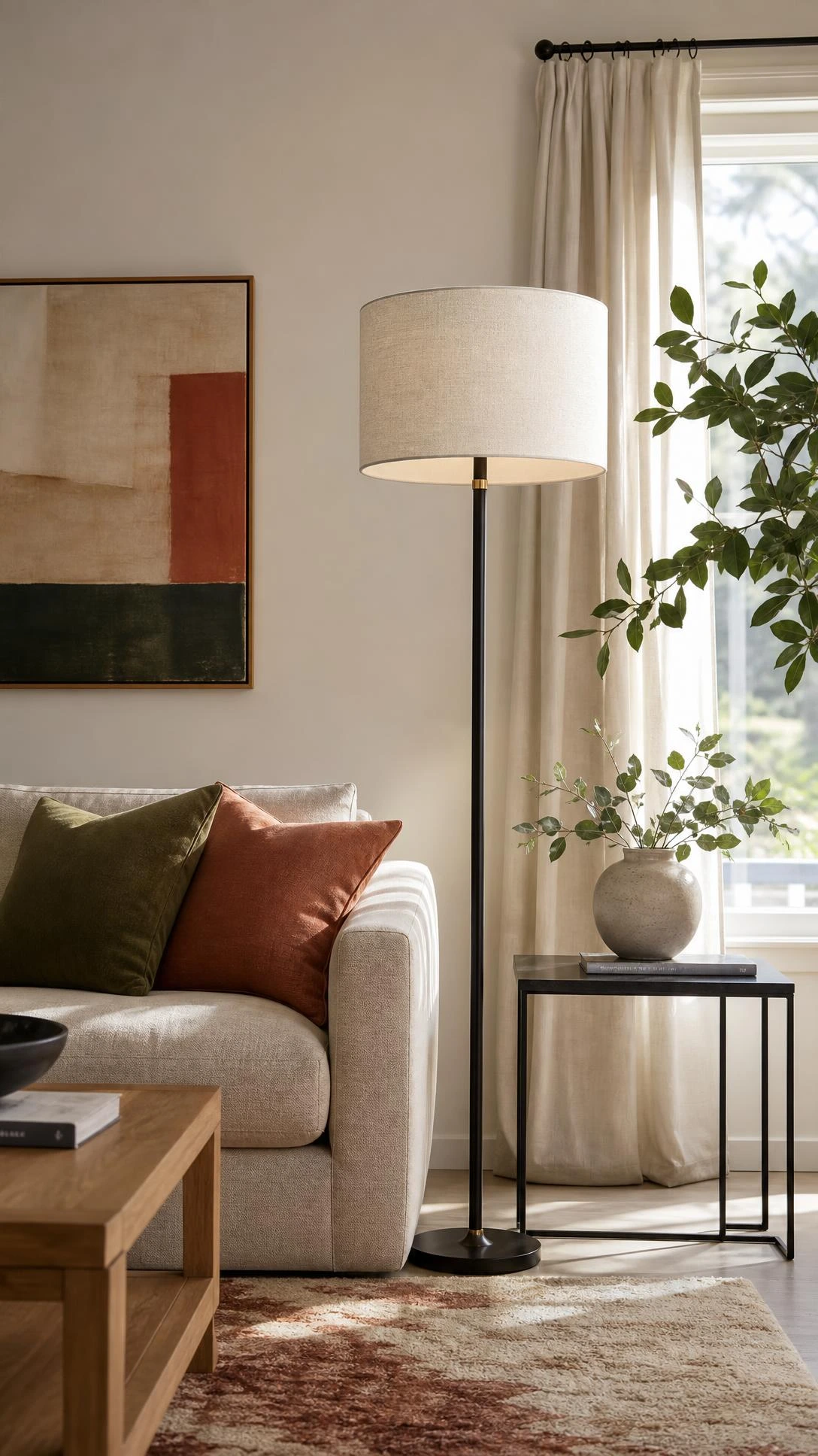 Living room with a tall floor lamp fully visible, featuring a tailored ivory linen drum shade upgrade beside the sofa for home inspiration living room styling.