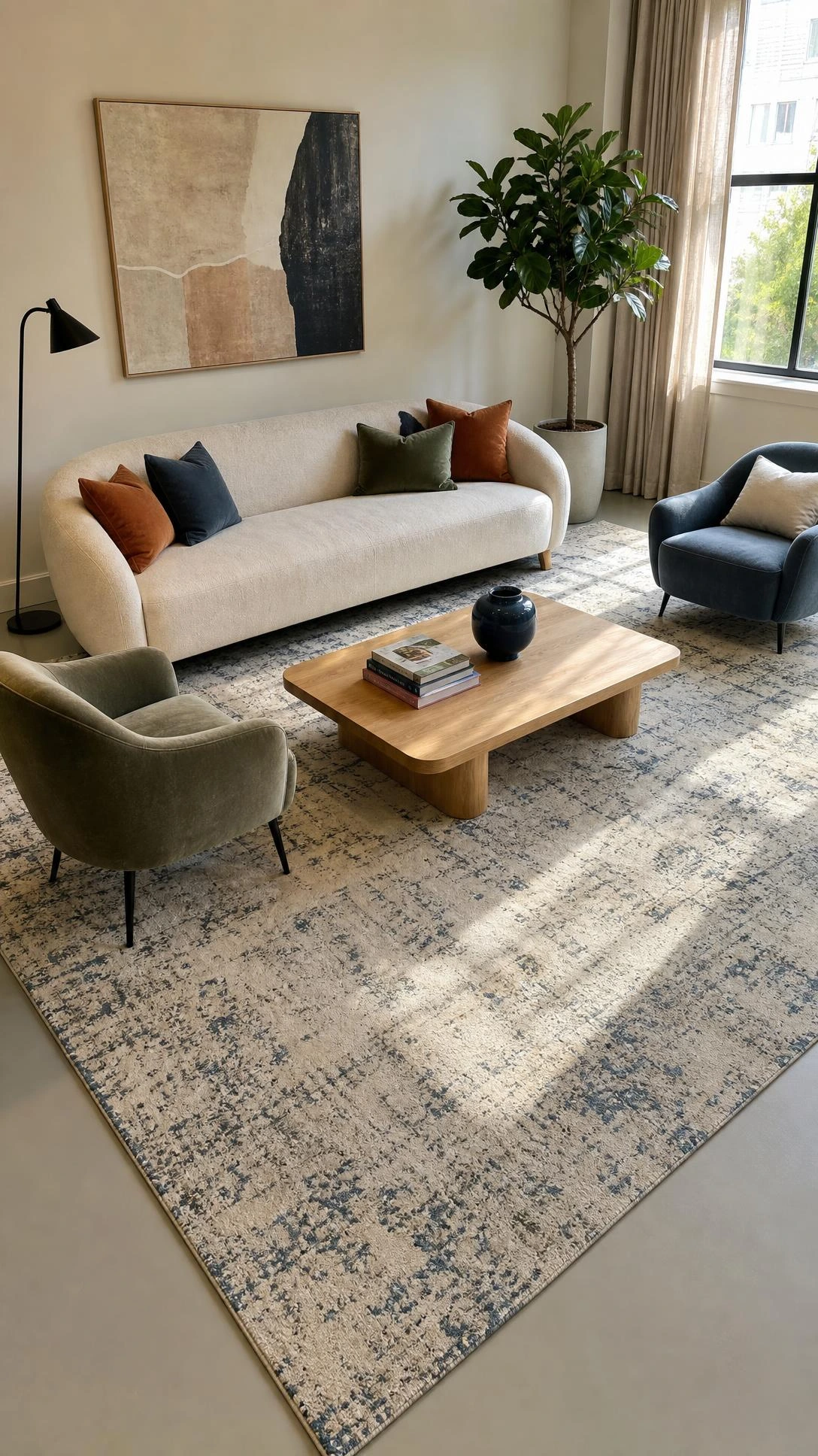 Modern living room with an oversized area rug extending beyond the sofa and accent chairs, showing better Home Inspiration Living Room scale.