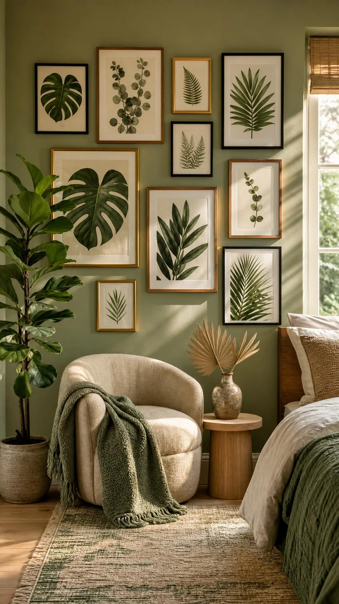 Bedroom corner gallery wall with botanical prints and framed leaf art in mixed wood, brass, and black frames styled for a green aesthetic room