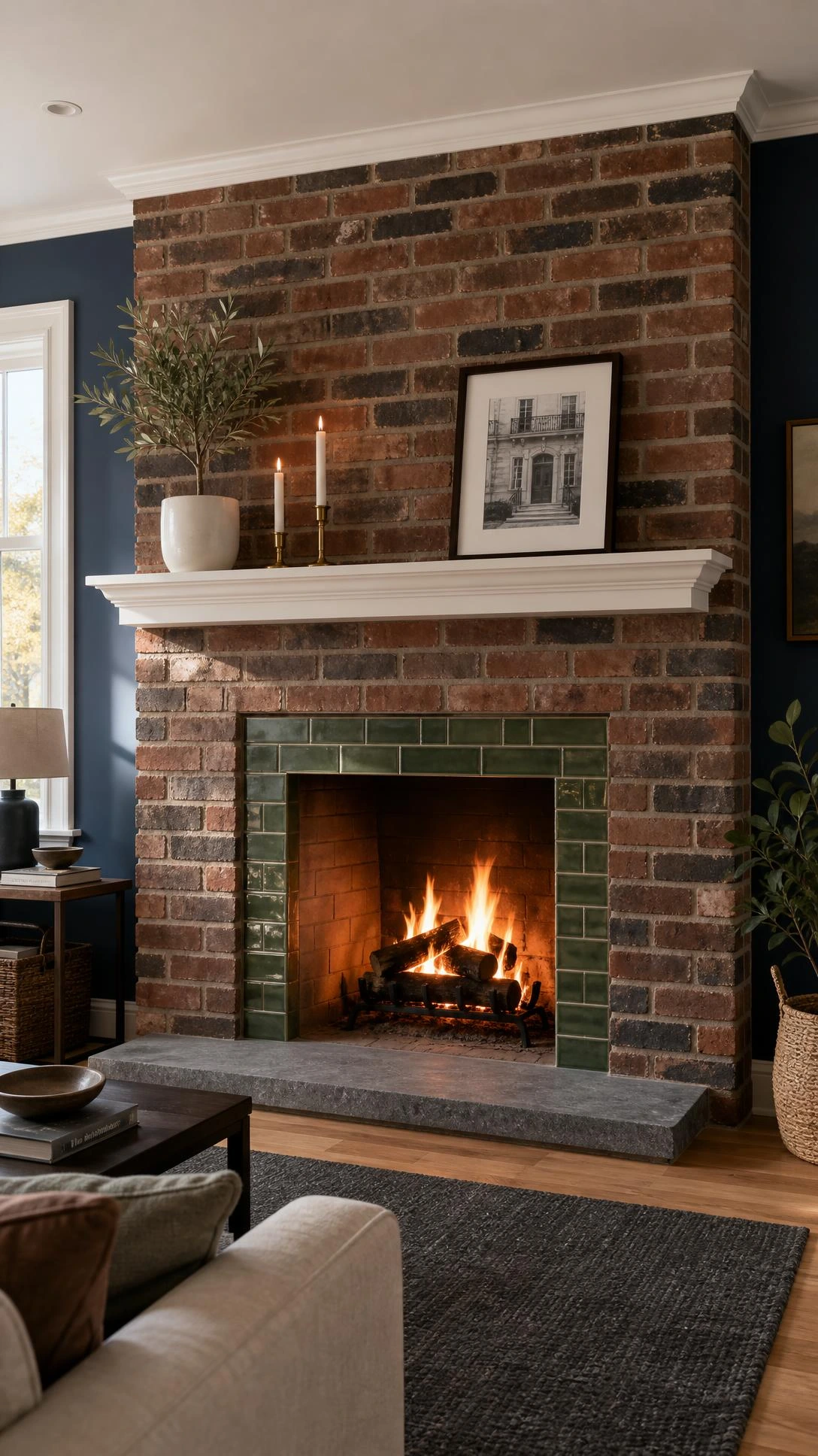 Transitional living room fireplace with warm red and charcoal brick in running bond pattern paired with tile for a layered surround look