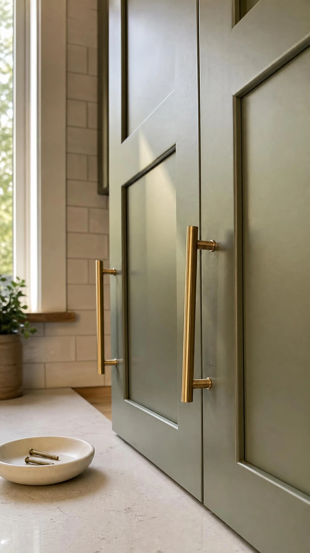 Brushed brass cabinet pull on a sage-green shaker cabinet door, a budget-friendly hardware upgrade that transforms kitchen cabinets instantly