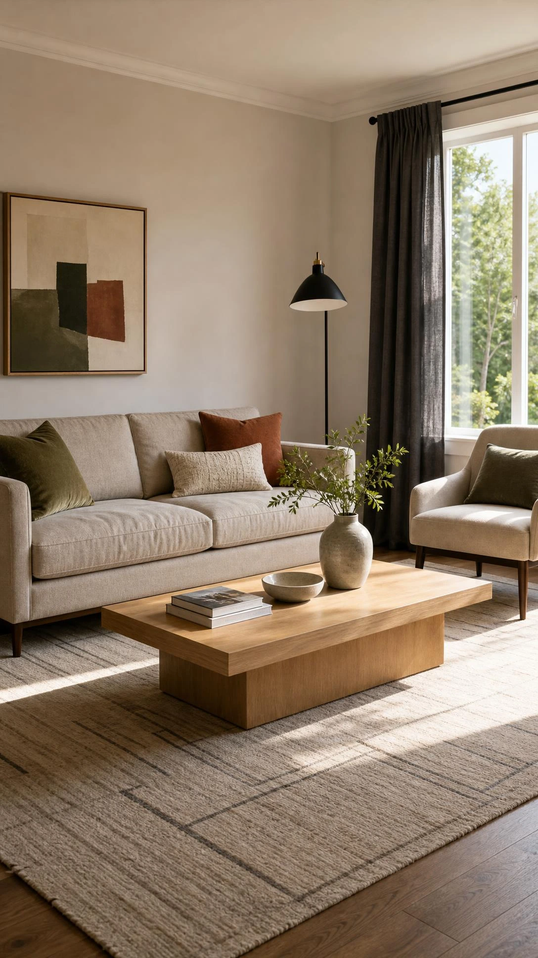 Modern living room showing home decor furniture with a centered coffee table, balanced sofa proportions, and 16–18 inches of clear walking space.