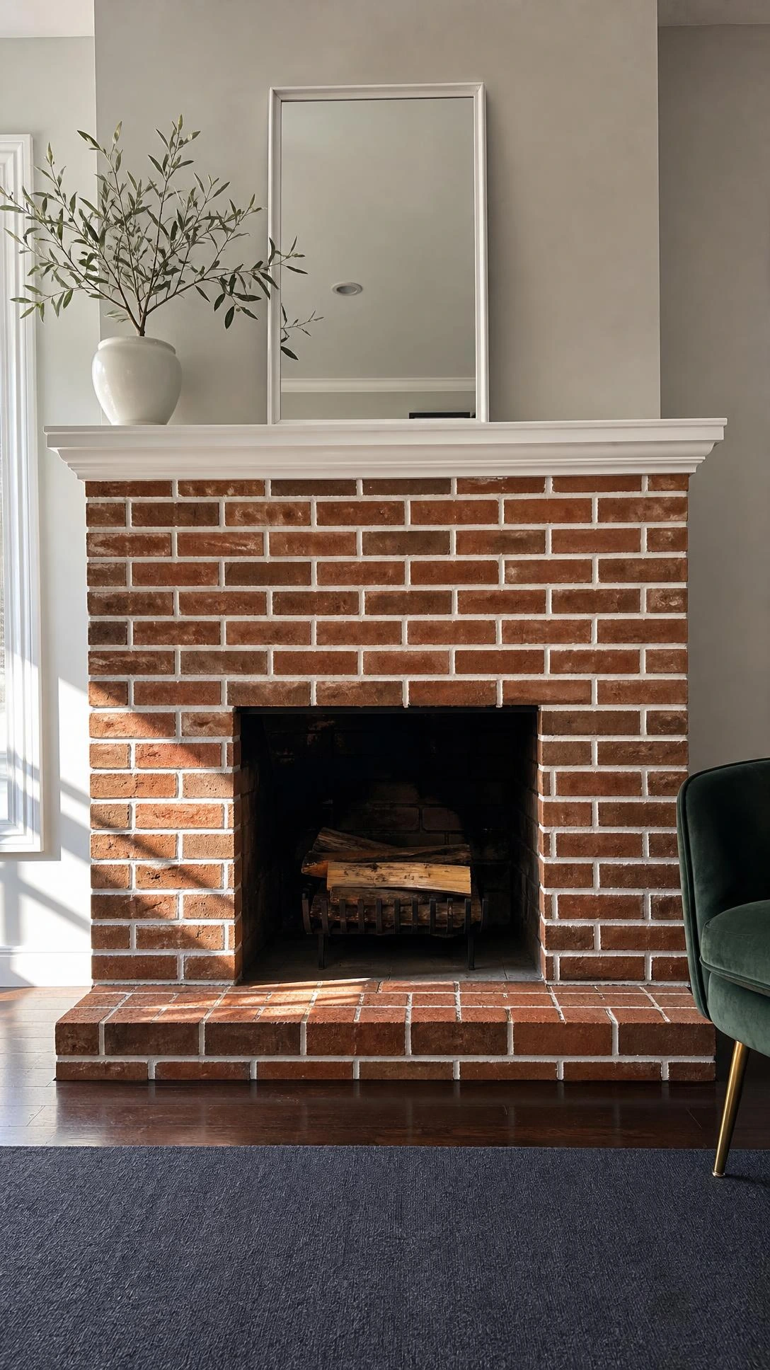 Living room brick fireplace with dark contrasting grout lines modernizing aged red brick from hearth to mantel on a charcoal rug