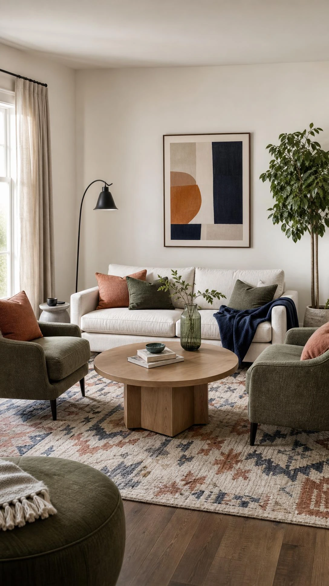 Modern living room with sofa and two angled accent chairs around a round coffee table, showing a Home Inspiration Living Room layout built for easy conversation.