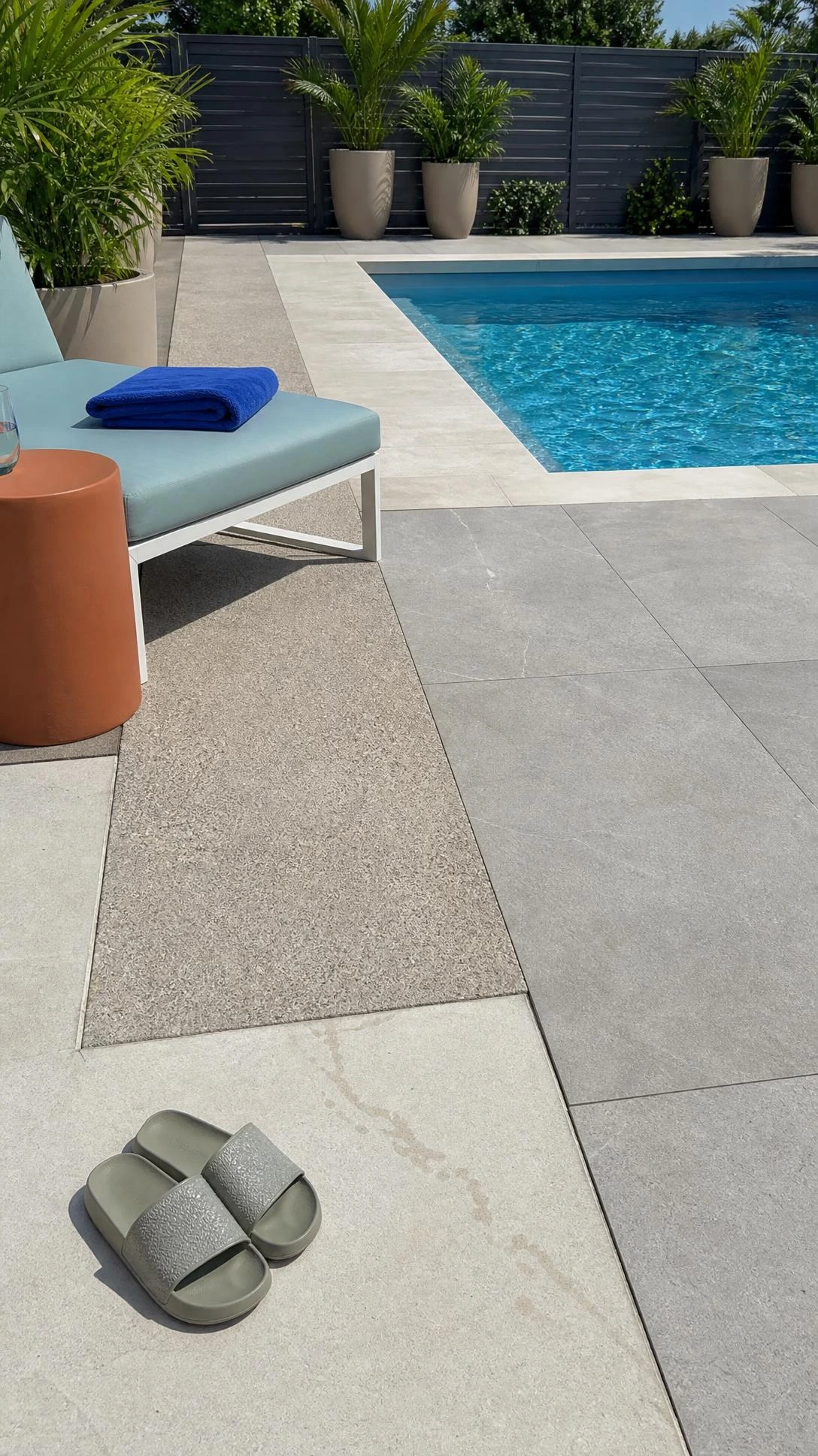 Backyard patio with pool showcasing cool-surface pool deck materials, including light gray porcelain pavers and pale brushed concrete.