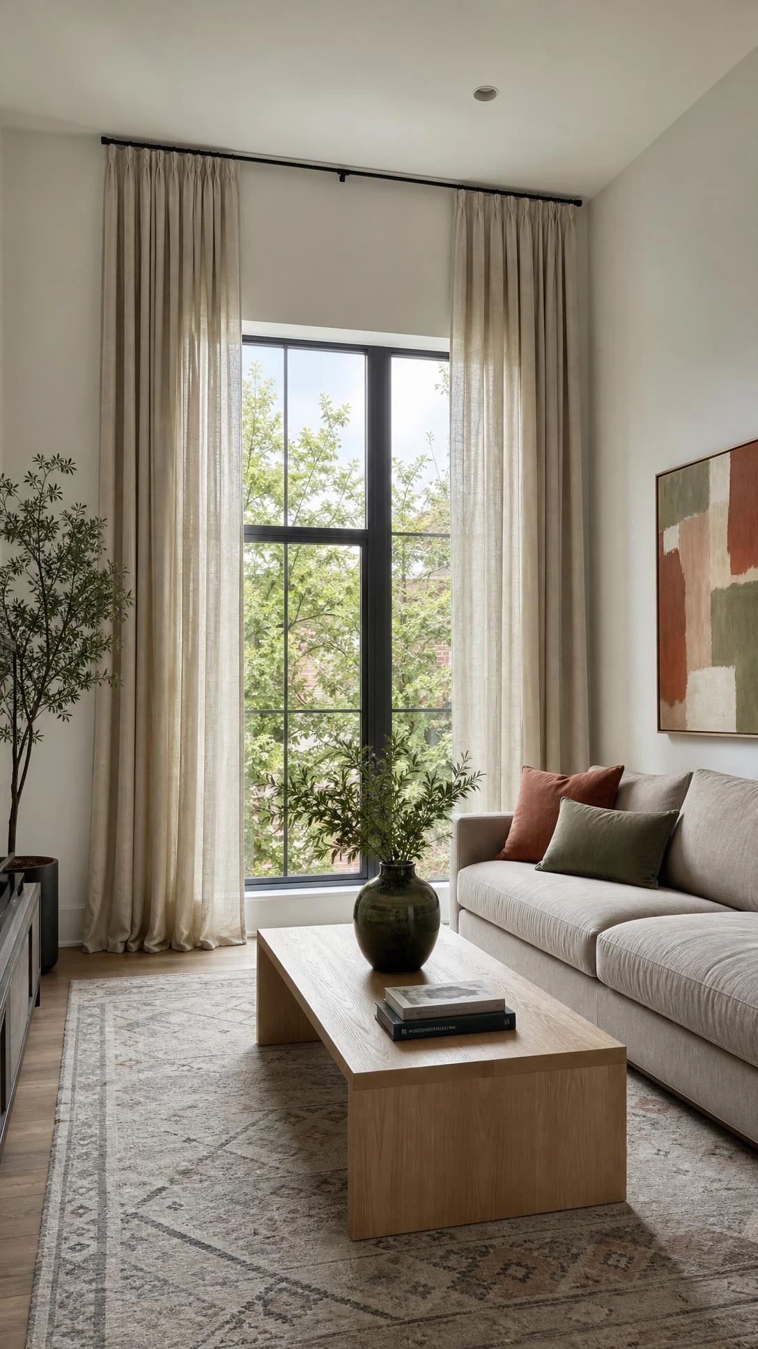 Modern living room with floor-to-ceiling curtains hung just below the ceiling, showing ideal curtain height for a taller, polished space.