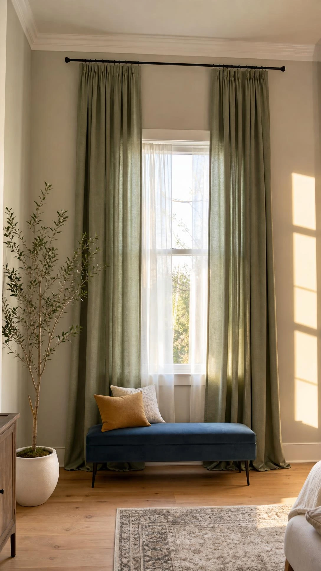 Floor-to-ceiling sage green linen curtains hung from a matte black rod mounted high above the window, using the curtain rod placement trick to make the window look dramatically taller
