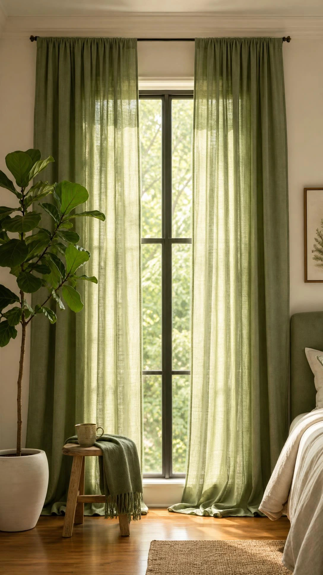 Sage green linen curtains hung near the ceiling and extending wide beyond the window frame, creating an expansive floor-to-ceiling effect in a bright bedroom