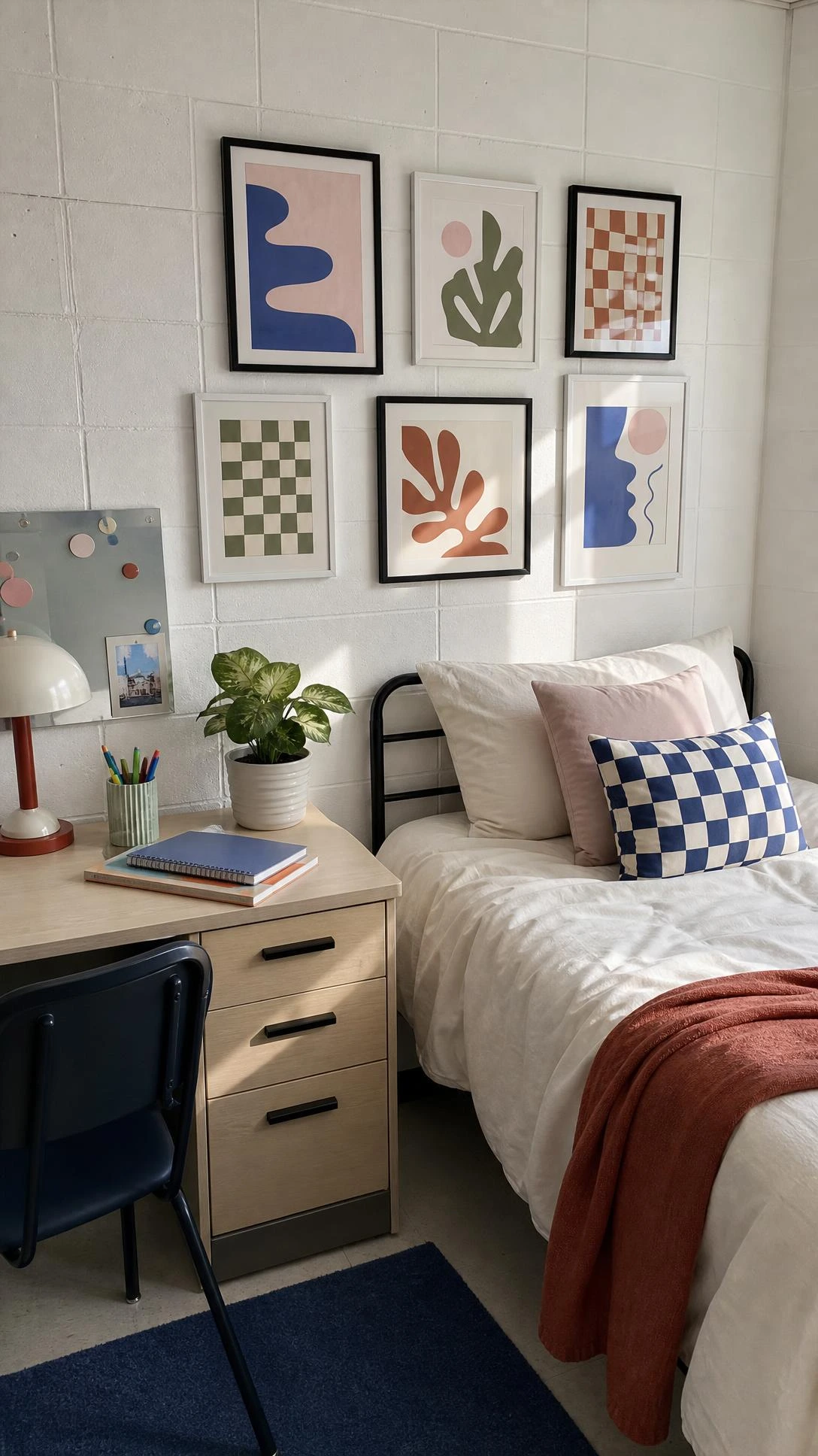 Budget dorm room wall decor with digital art downloads in simple black and white frames creating a mini gallery wall above the bed and desk.