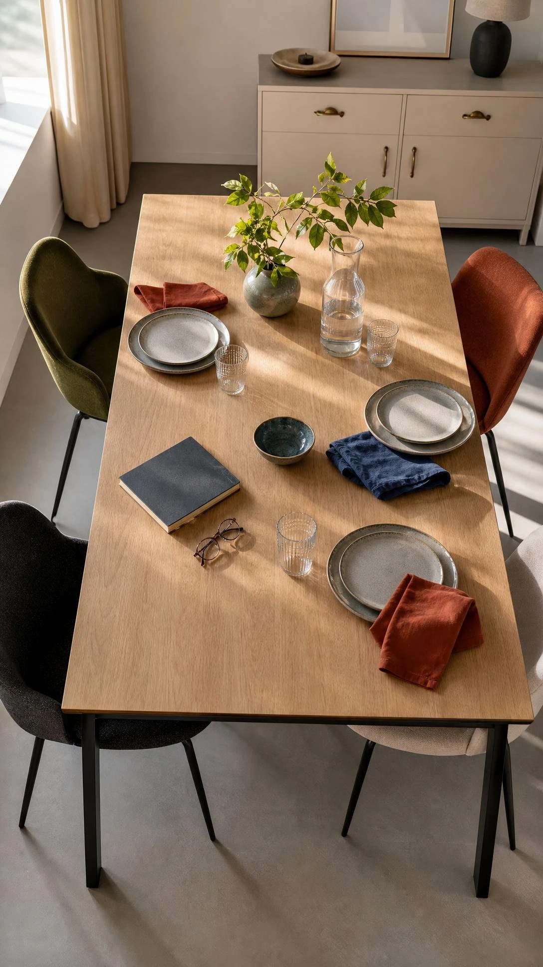 Engineered-wood dining table with light oak top and matte black legs styled for daily meals, practical home decor furniture.