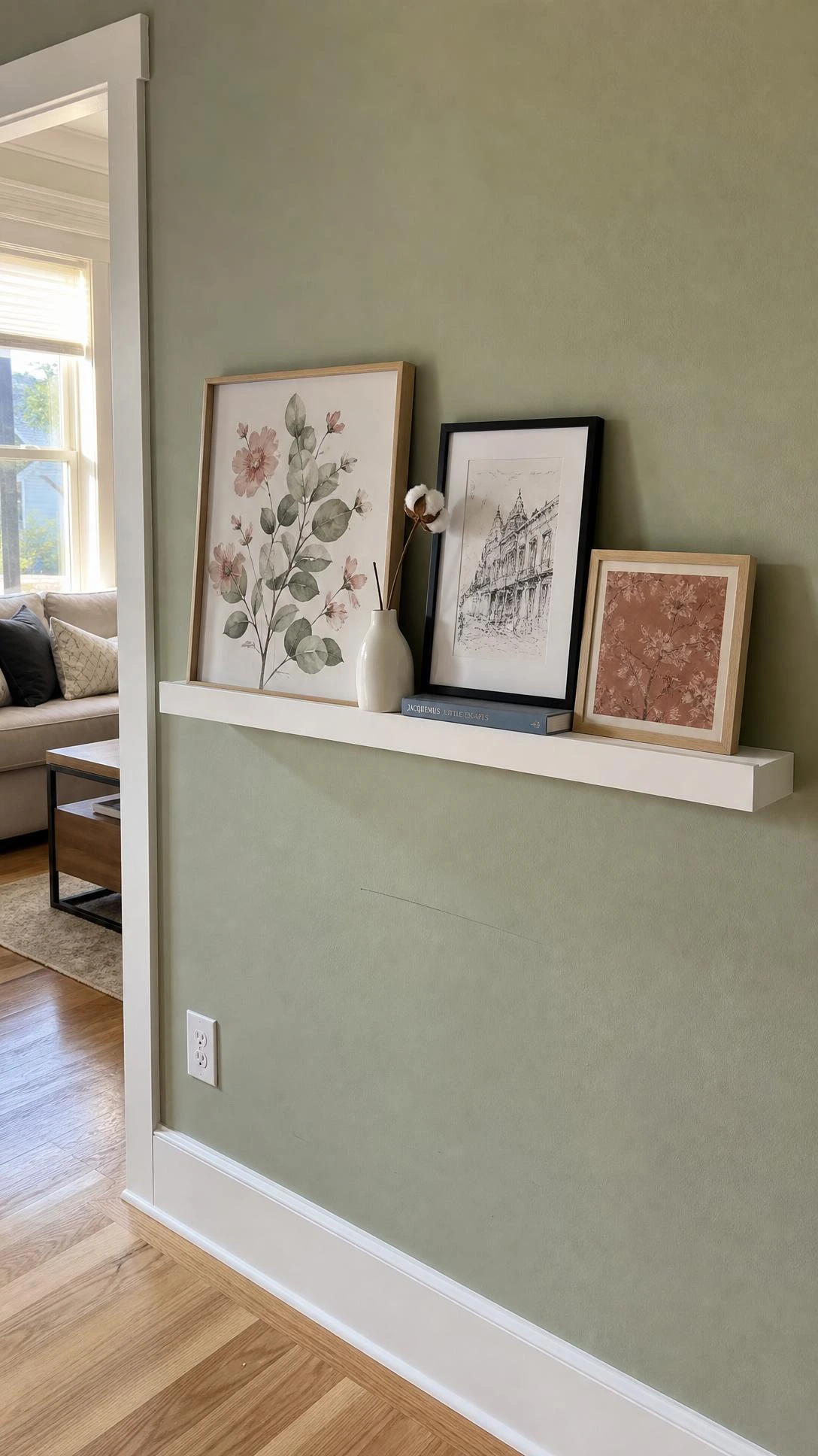 White DIY picture ledge shelf on sage green wall displaying layered framed watercolor art, a budget-friendly gallery wall alternative in a bright home