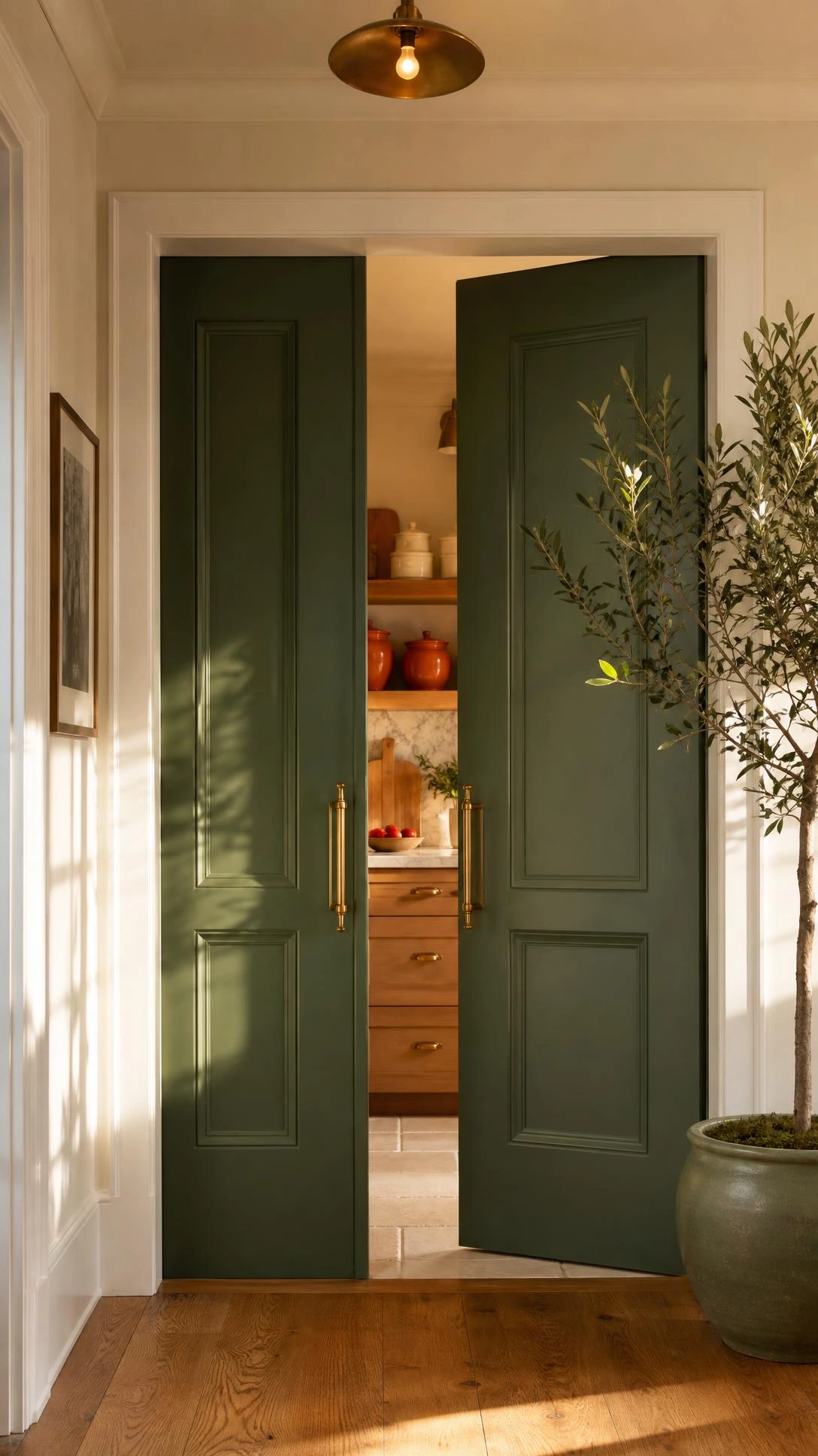 Modern kitchen entrance with deep sage green double doors and brushed brass handles set into a crisp white wall, showcasing full floor-to-ceiling architectural detail