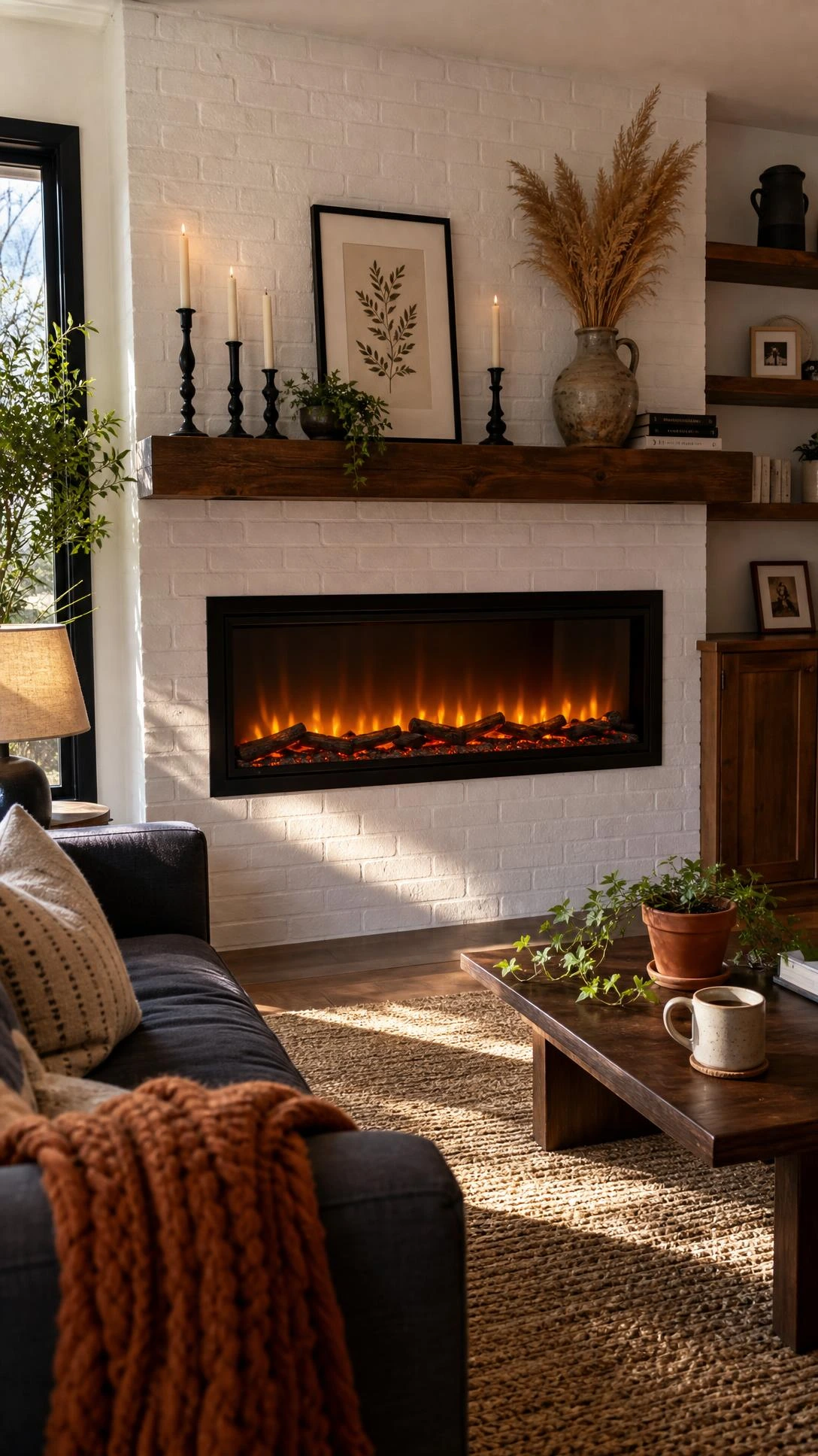 Sleek electric fireplace insert built into white painted brick wall glowing with amber flame simulation, anchoring a cozy modern living room