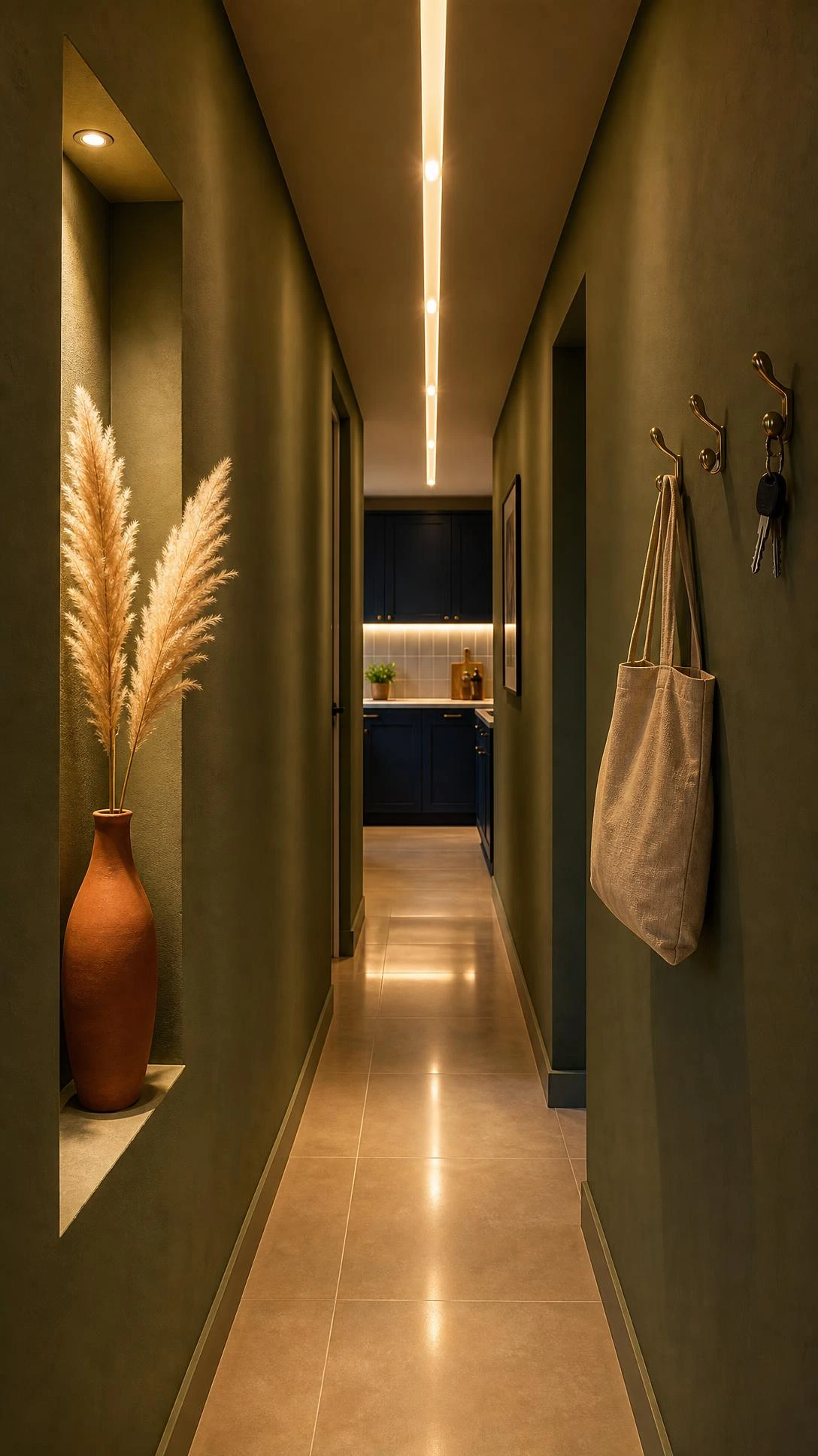 Modern kitchen entrance hallway with recessed ceiling strip lighting casting warm amber glow along deep sage green plaster walls