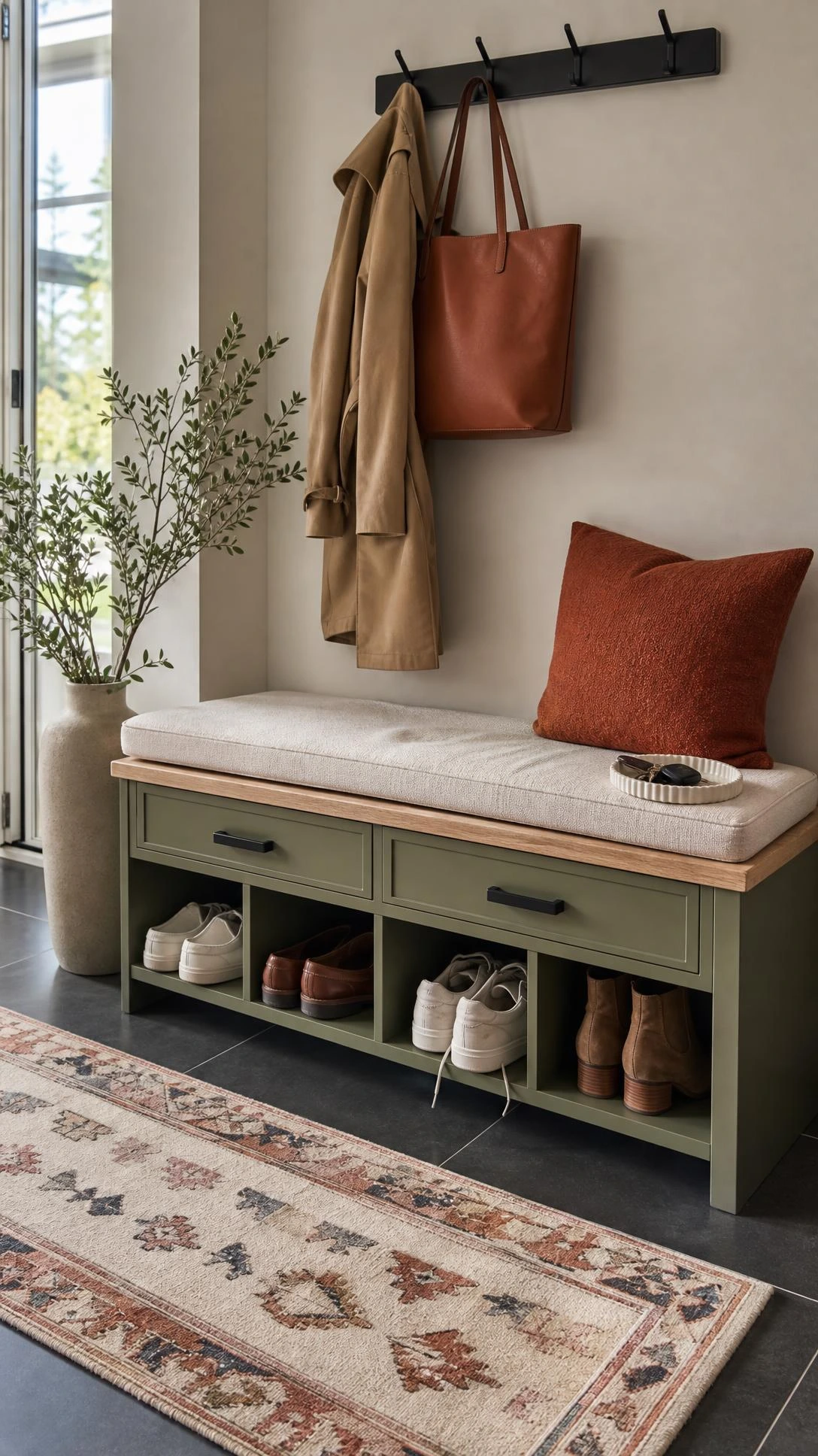 Modern entryway bench with shoe storage in soft olive and oak, showing open cubbies, black pulls, and neatly paired shoes for organized home decor furniture.