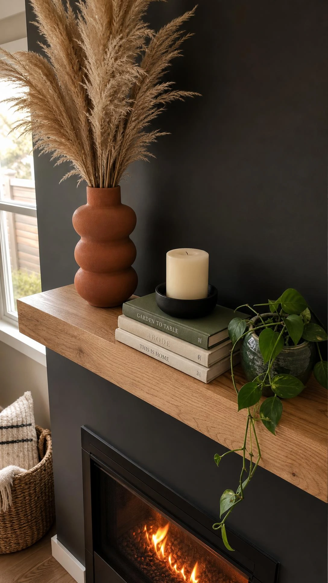 Floating shelf mantel in light oak above a modern fireplace, styled with a tall terracotta vase against a deep charcoal wall in warm natural light