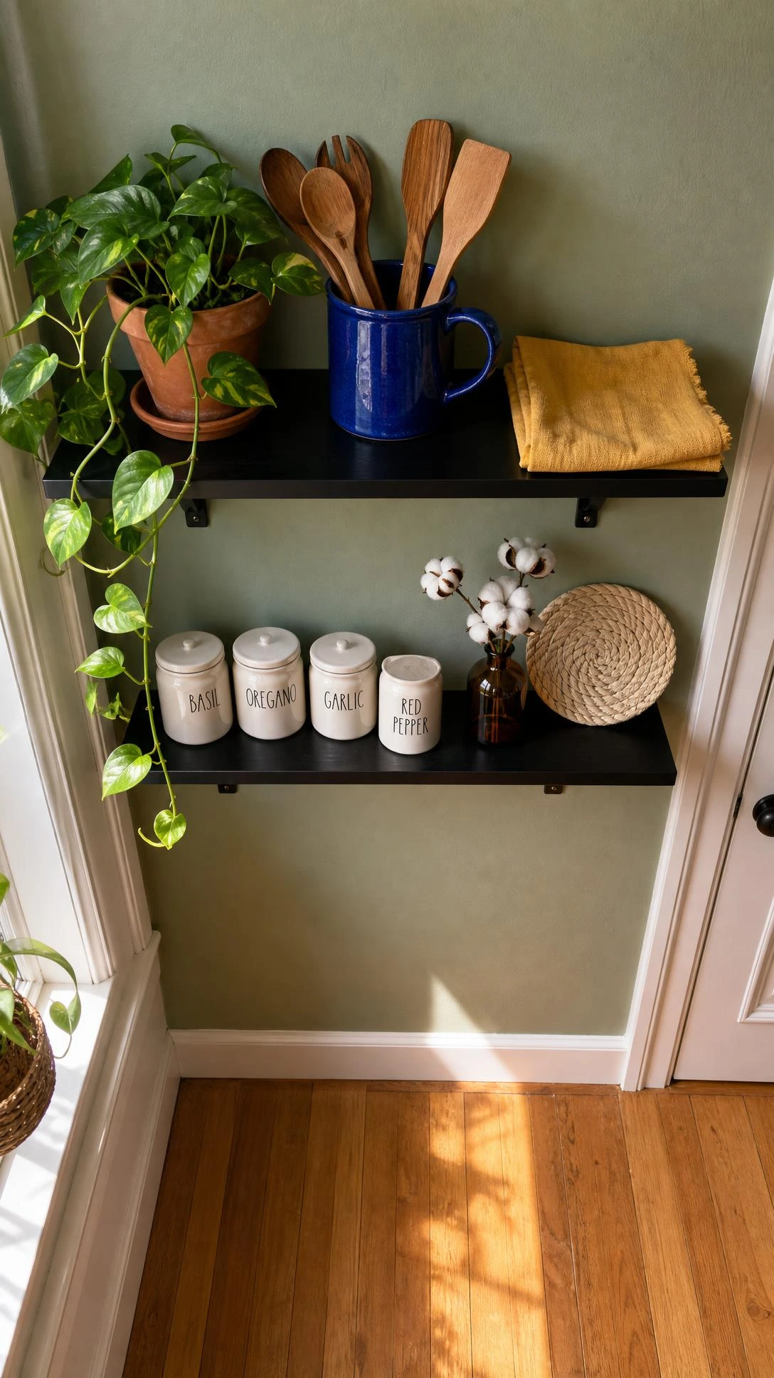 Flat lay of sage green kitchen entrance wall with slim floating shelves styled with trailing pothos, cobalt blue mug holding utensils, and terracotta pot