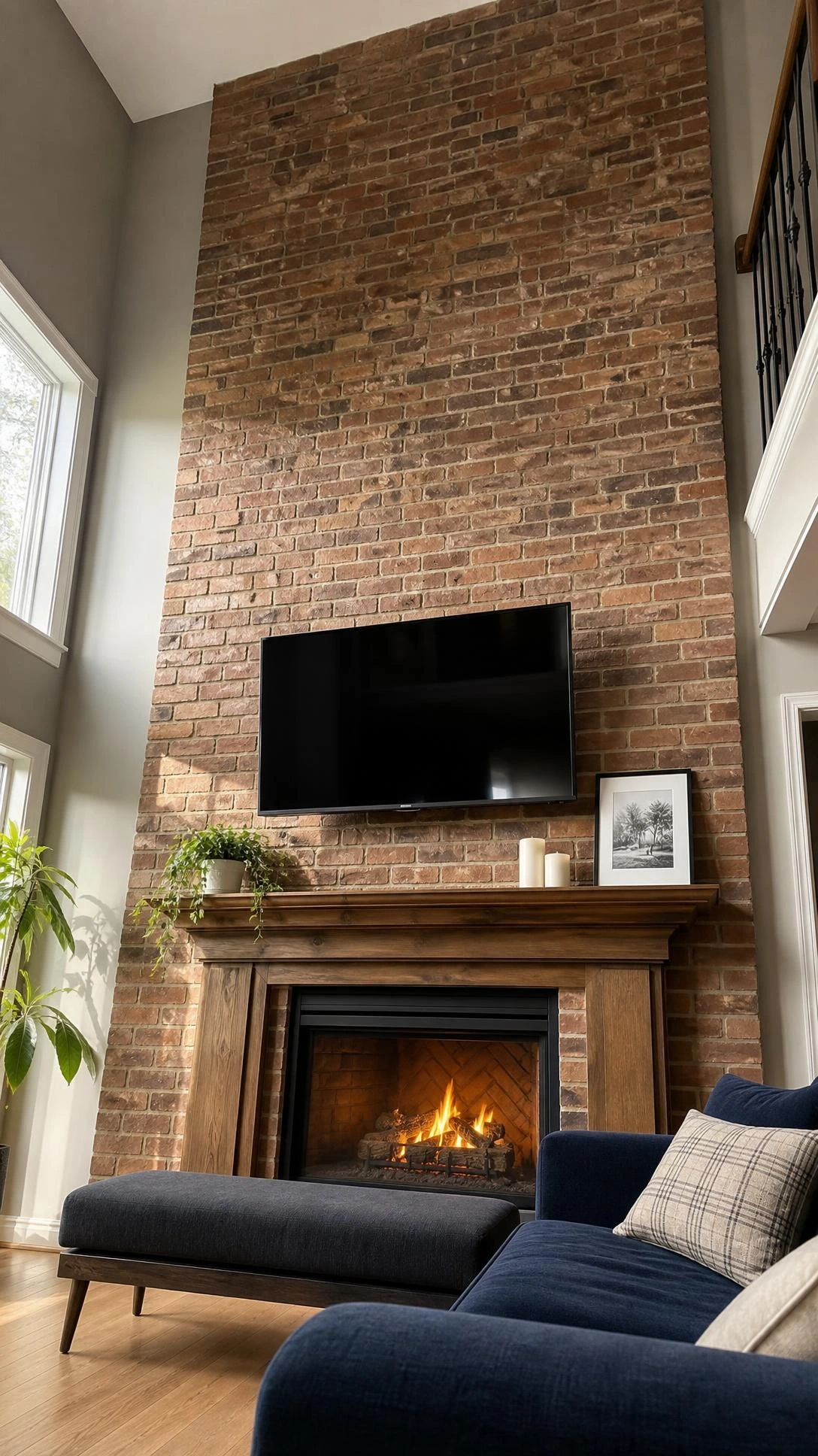 Low-angle view of a floor-to-ceiling exposed brick fireplace wall with warm reddish-brown brick, natural mortar lines, and classic wood mantel in a transitional living room