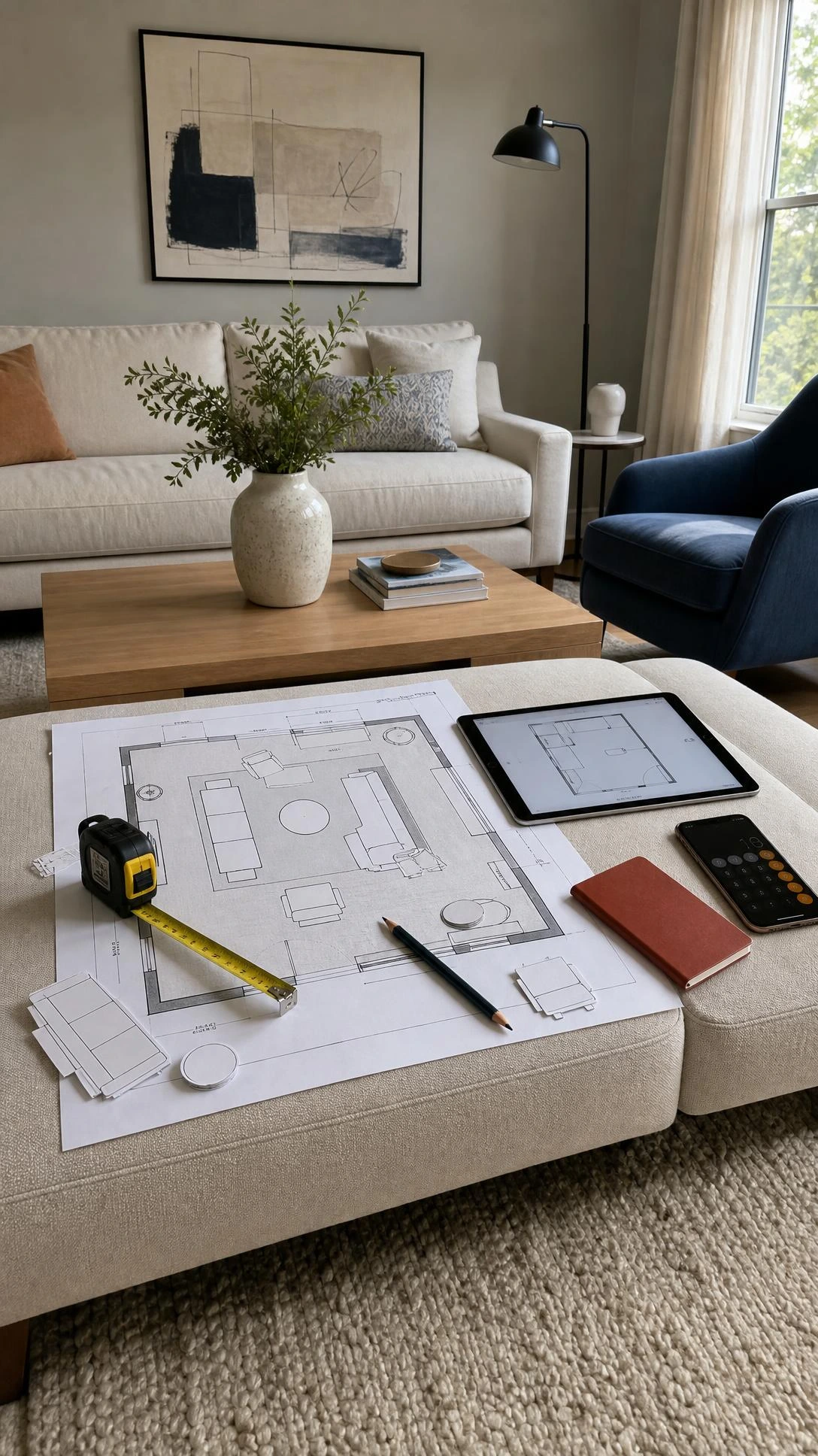 Home decor furniture planning with a printed living room floor plan, tape measure, cutouts, pencil, tablet, and phone on an ottoman.