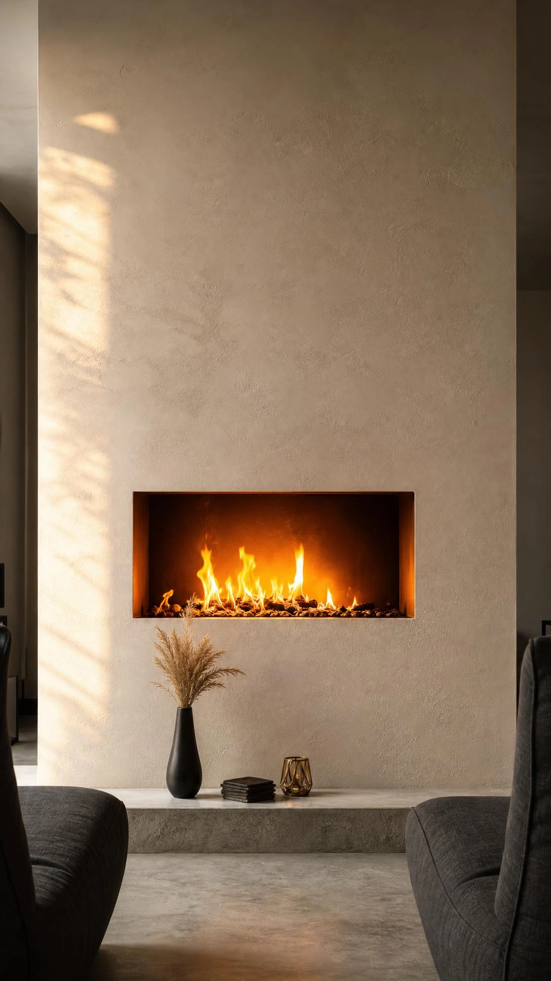 Frameless recessed fireplace flush-mounted into a smooth matte white wall, with flames floating inside a seamless plaster opening from floor to ceiling