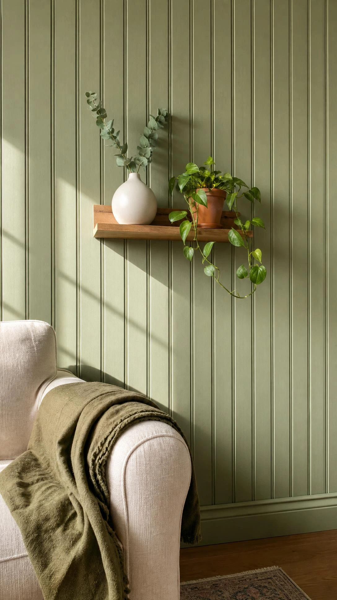 Floor-to-ceiling sage green beadboard wall panel with matte finish casting rhythmic shadow lines in warm afternoon light, a textured green aesthetic room decor statement