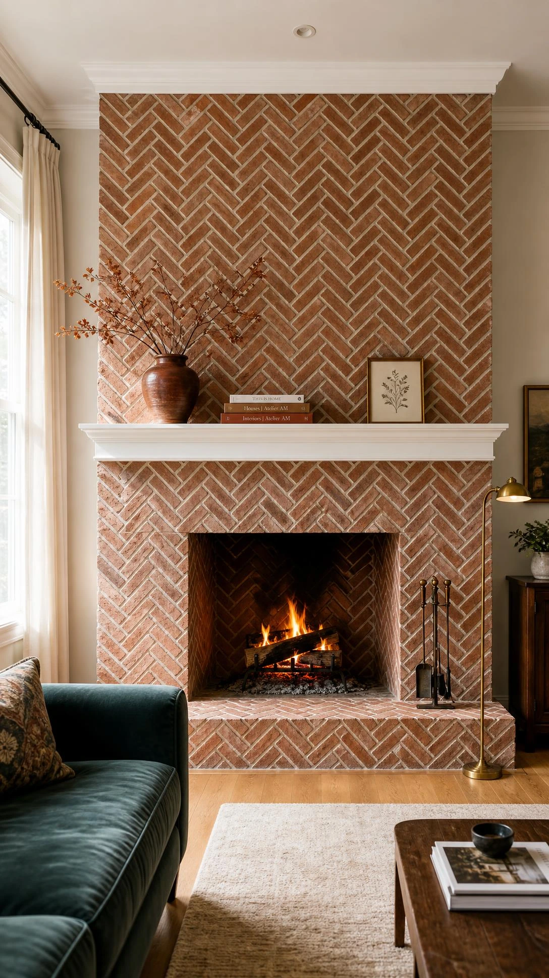 Herringbone brick fireplace wall in a transitional living room with warm terracotta bricks laid at 45-degree angles, bathed in soft afternoon natural light