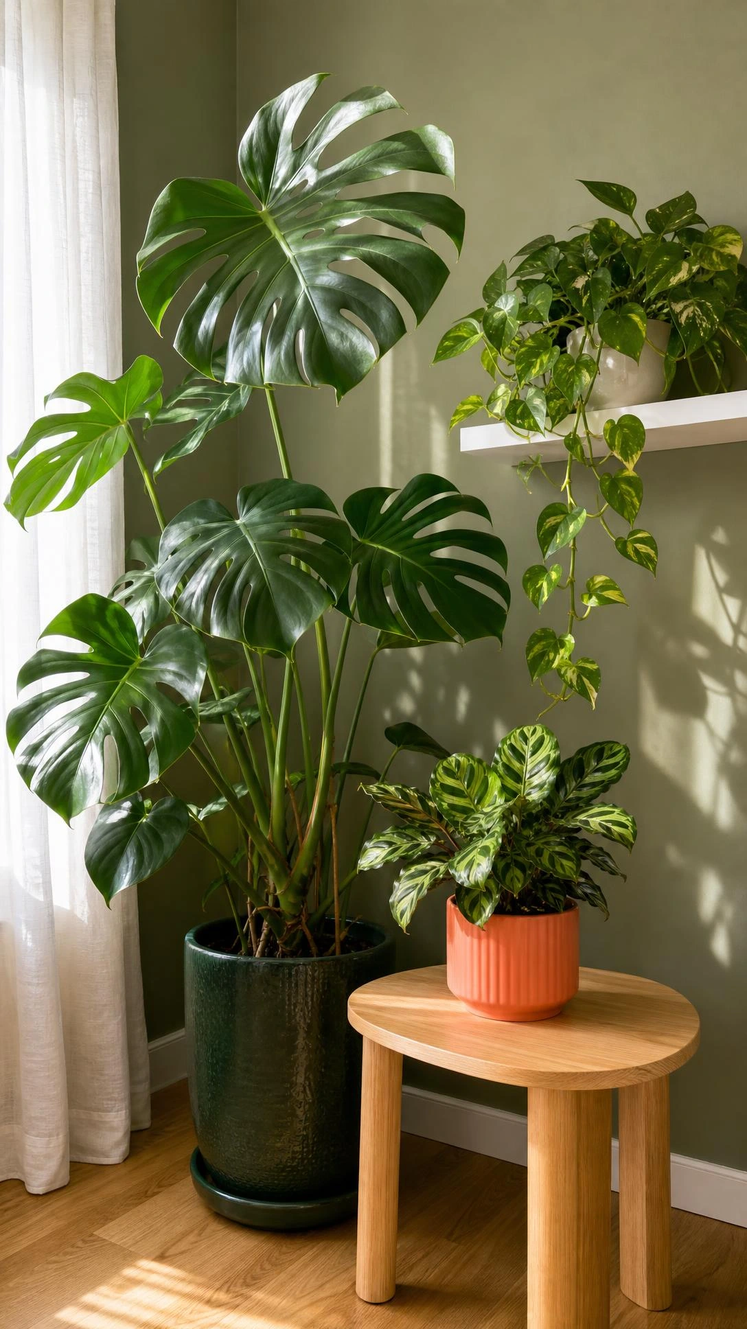 Monstera deliciosa and mixed houseplants styled at varying heights in a bright living room corner, showing budget-friendly indoor plant styling done right