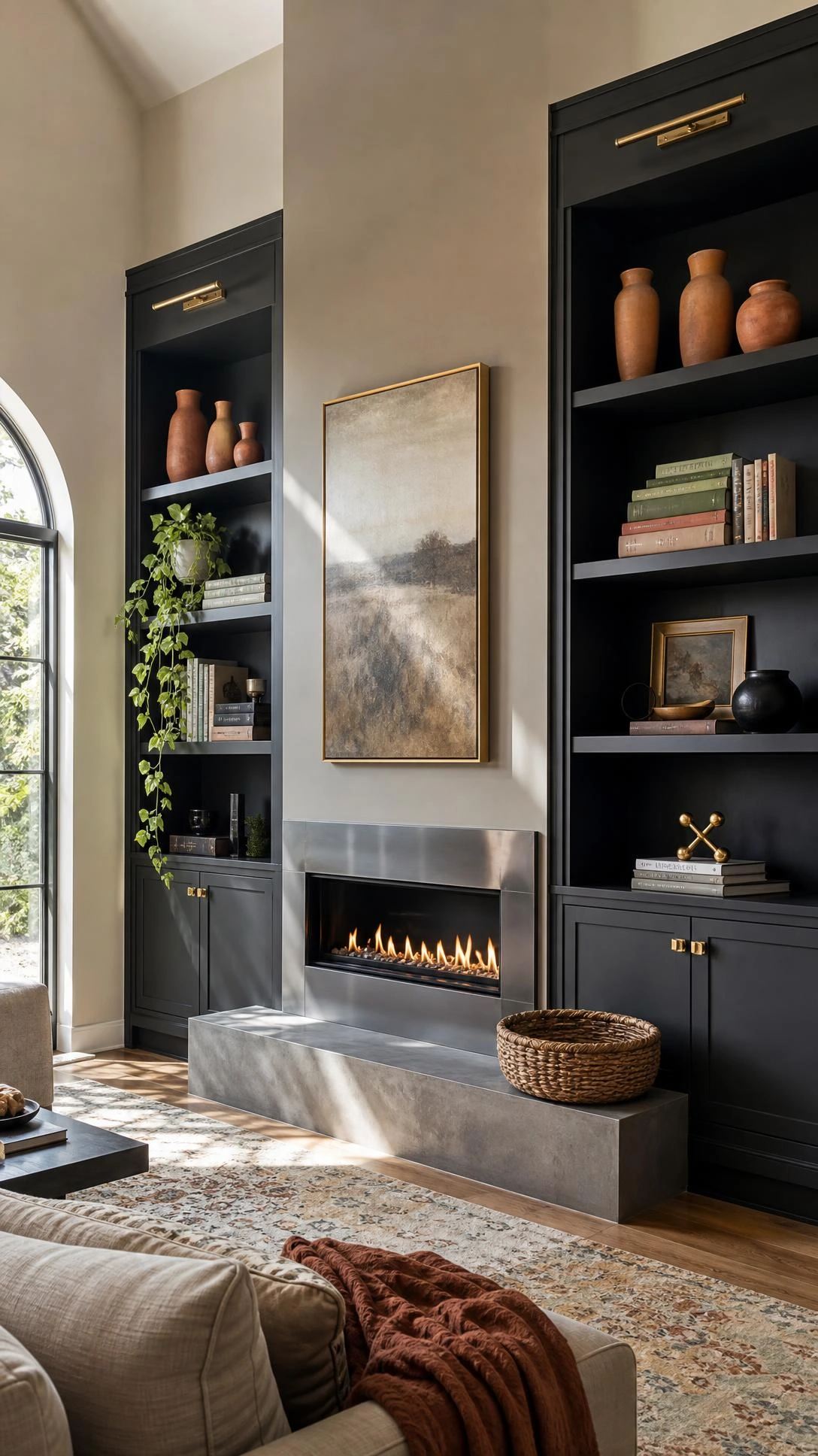 Floor-to-ceiling charcoal built-in storage flanking a sleek modern fireplace, with natural daylight casting soft shadows across the integrated cabinetry design