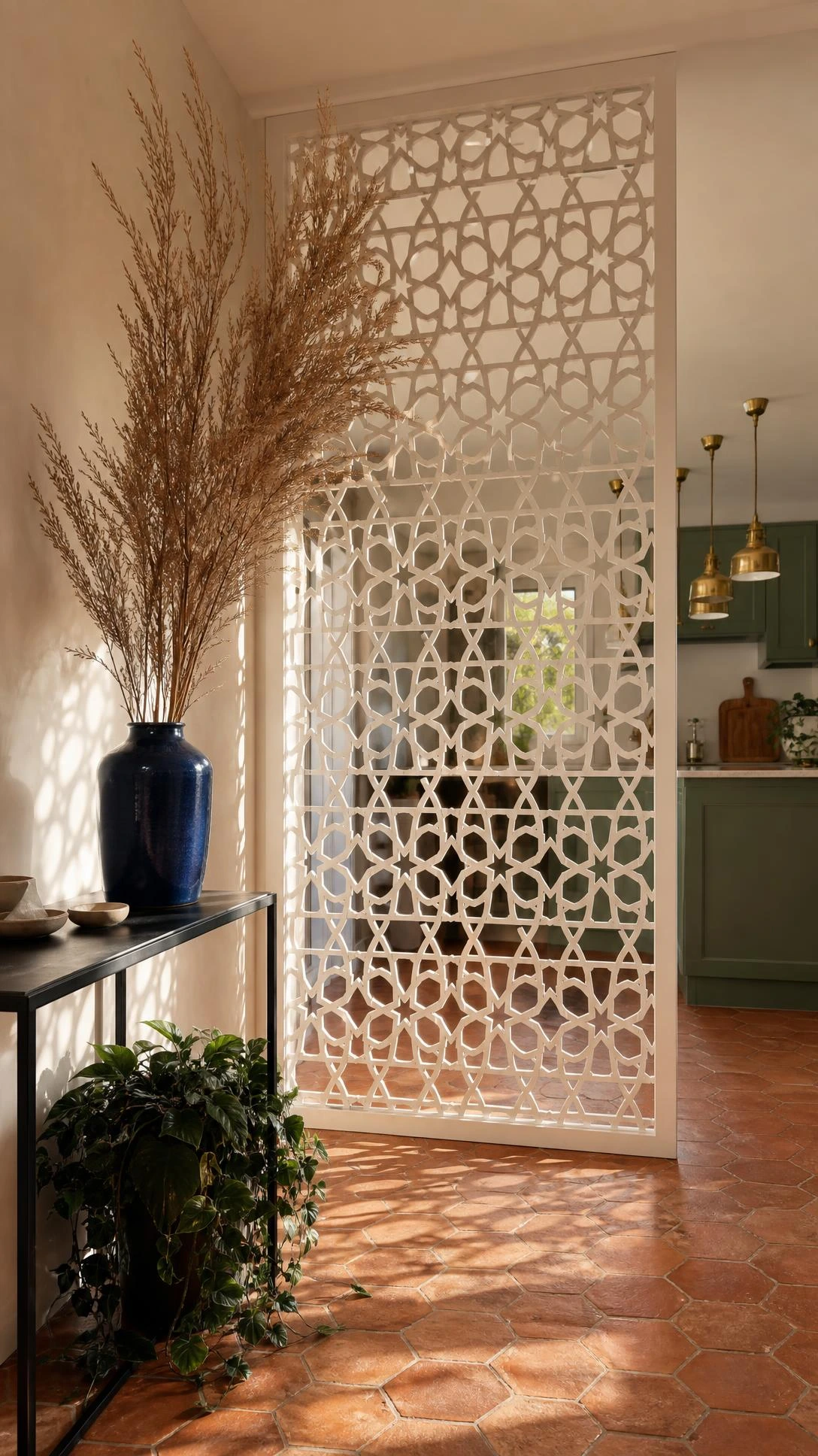 Floor-to-ceiling white jaali partition with geometric hexagonal and star lattice cutwork defining a kitchen entrance from entryway