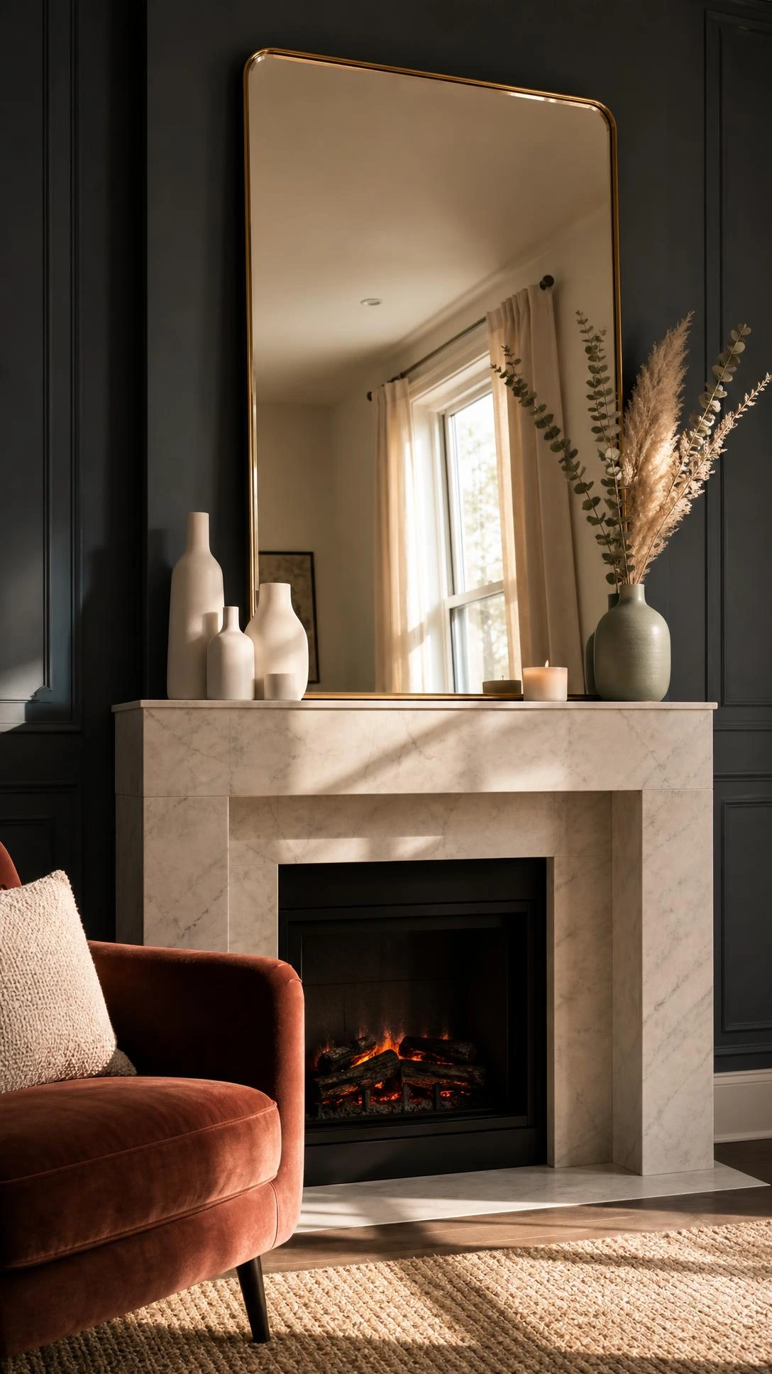 Large rectangular brass-framed mirror above a marble fireplace mantel reflecting natural light in a modern living room