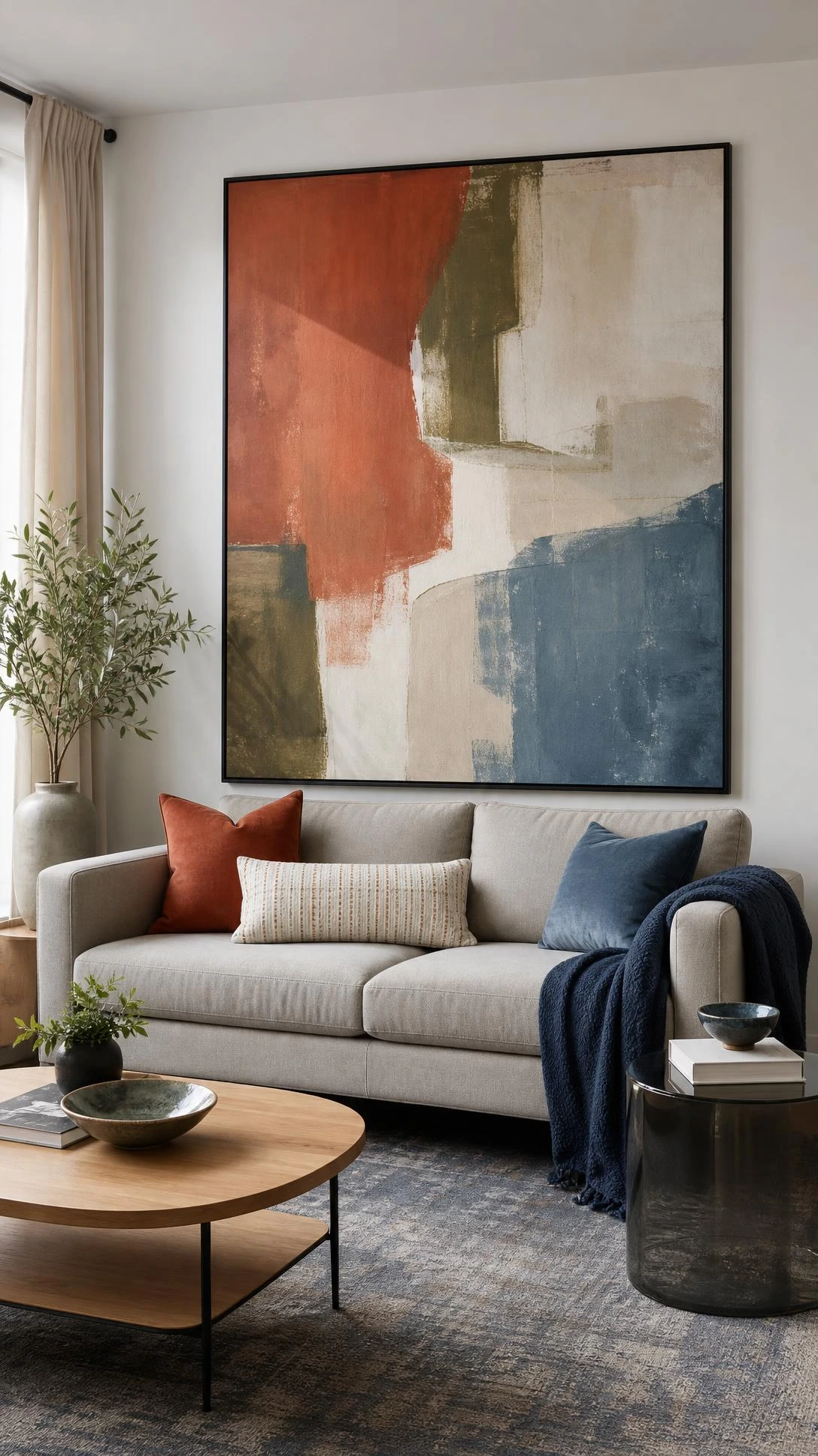 Modern living room with oversized abstract canvas above the sofa in terracotta, olive, cream, and blue for Home Inspiration Living Room ideas.