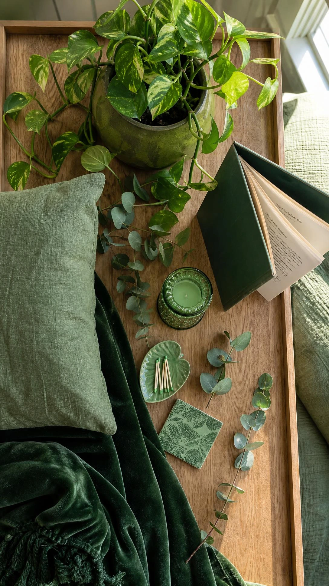 Overhead flat lay of a green aesthetic bedroom corner showing layered forest green velvet throw, sage linen pillow, and mixed green textiles in every shade on a wooden tray