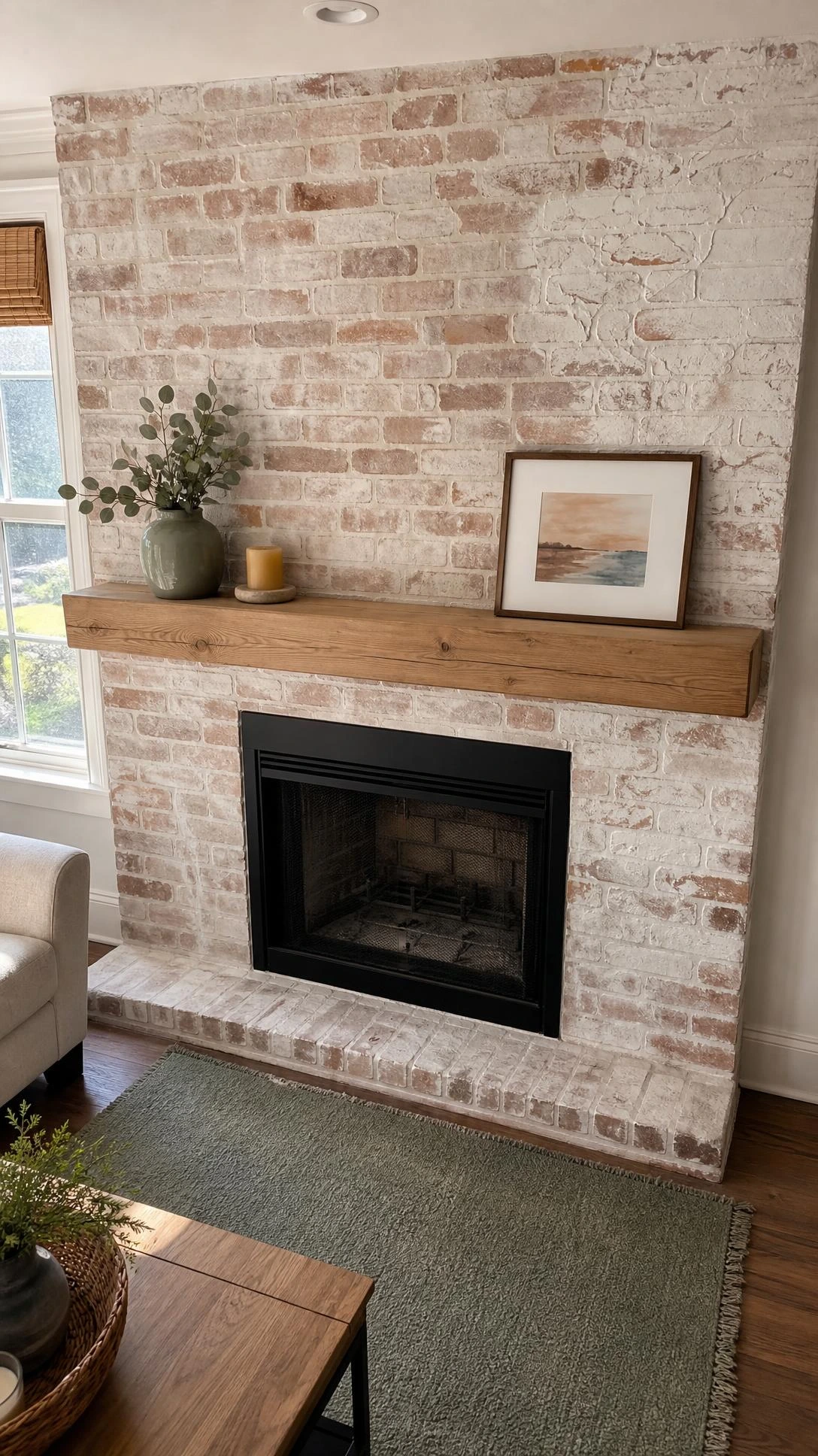 Limewash-finished brick fireplace wall in a transitional living room, showing mottled white-over-terracotta texture that softens the original brick while keeping natural warmth