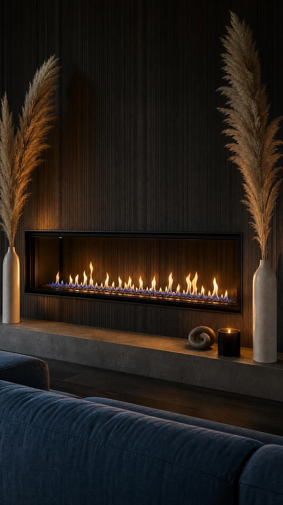 Linear gas fireplace built flush into a dark charcoal textured accent wall, with vivid blue and amber flames stretching across matte black panels flanked by ceramic vases