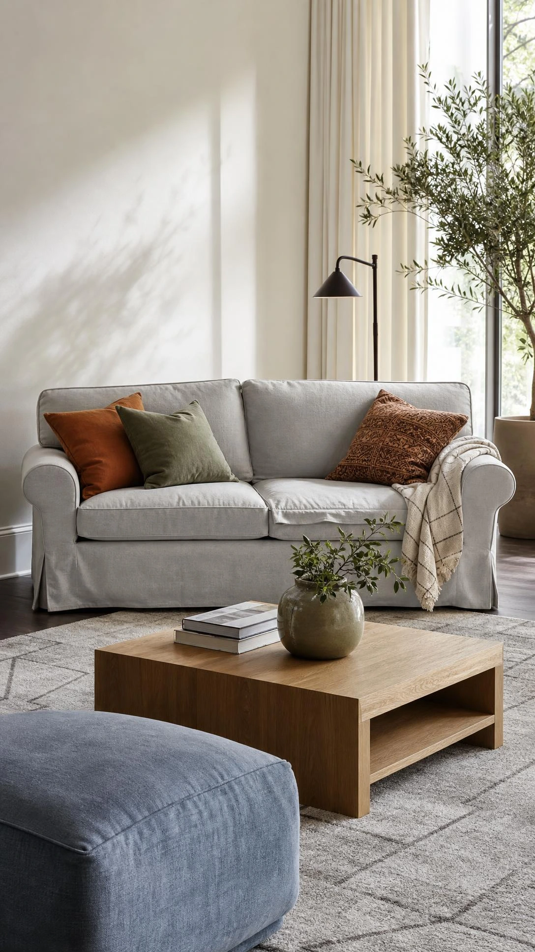 Modern living room sofa with light gray washable slipcovers, full view with subtle creases showing practical removable covers for home decor furniture.