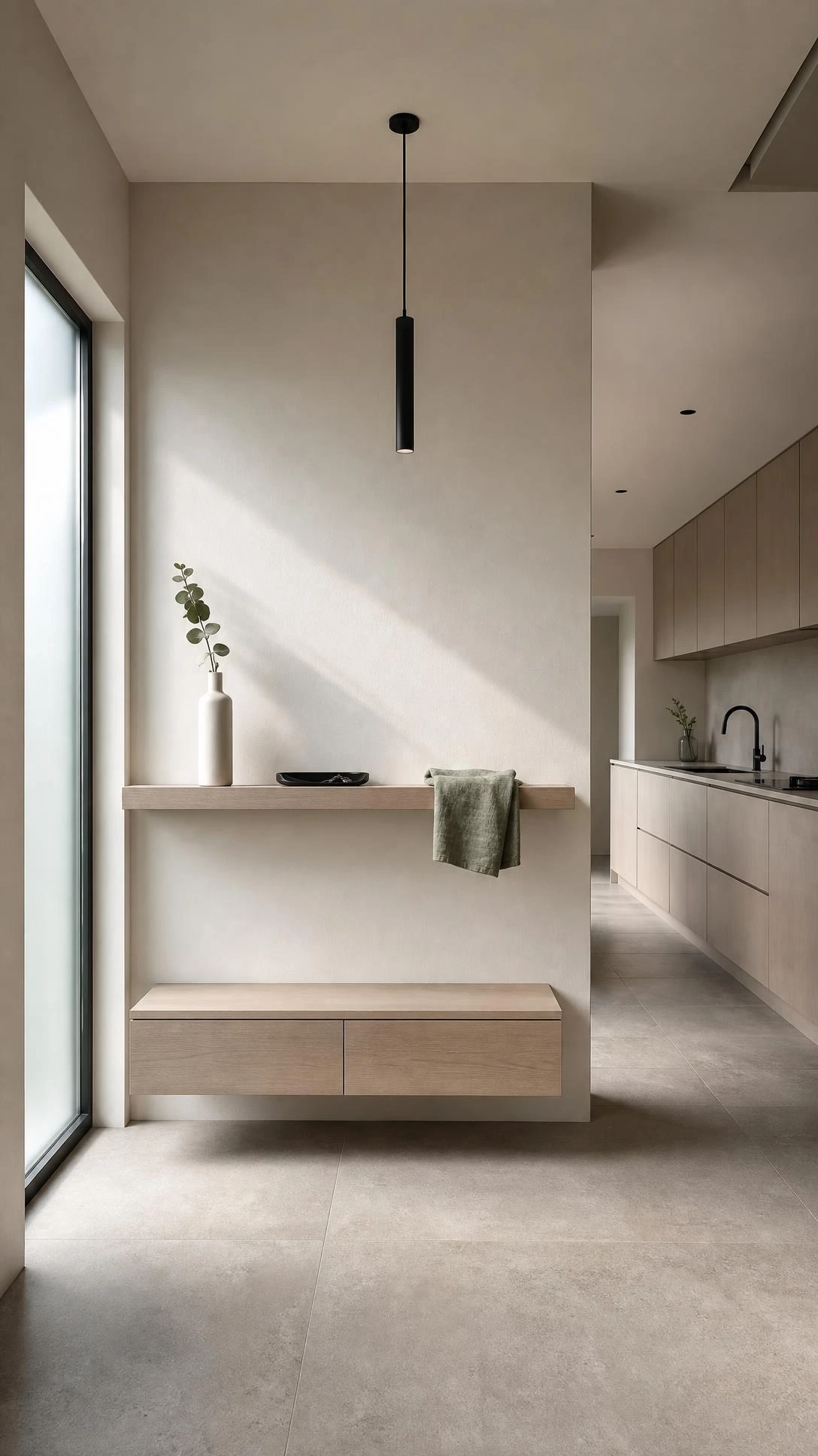 Minimalist kitchen entrance with matte white walls, floating console bench, and warm grey concrete-look tile floor creating clean architectural lines