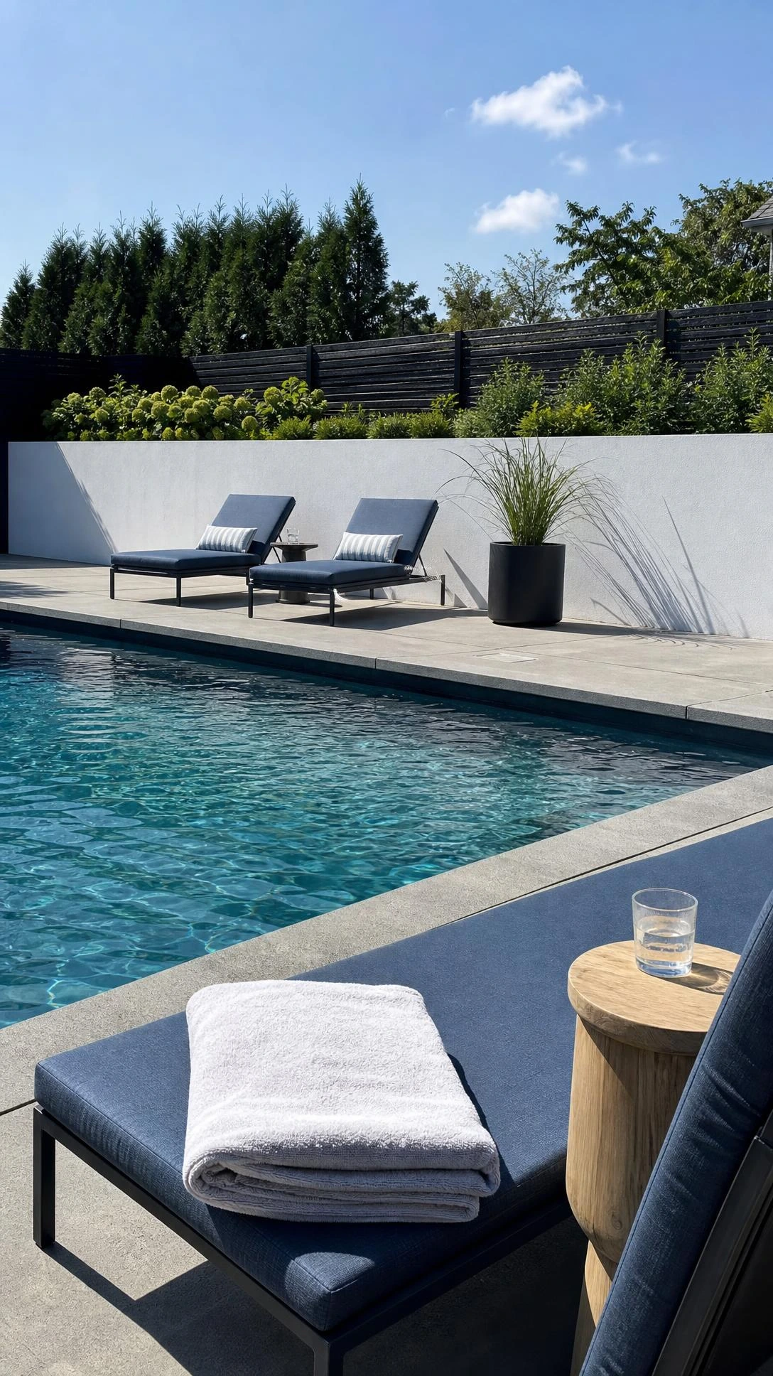 Modern backyard patio designs with pool featuring light-gray concrete pavers, white stucco wall, black lounge chairs, and simple coping.